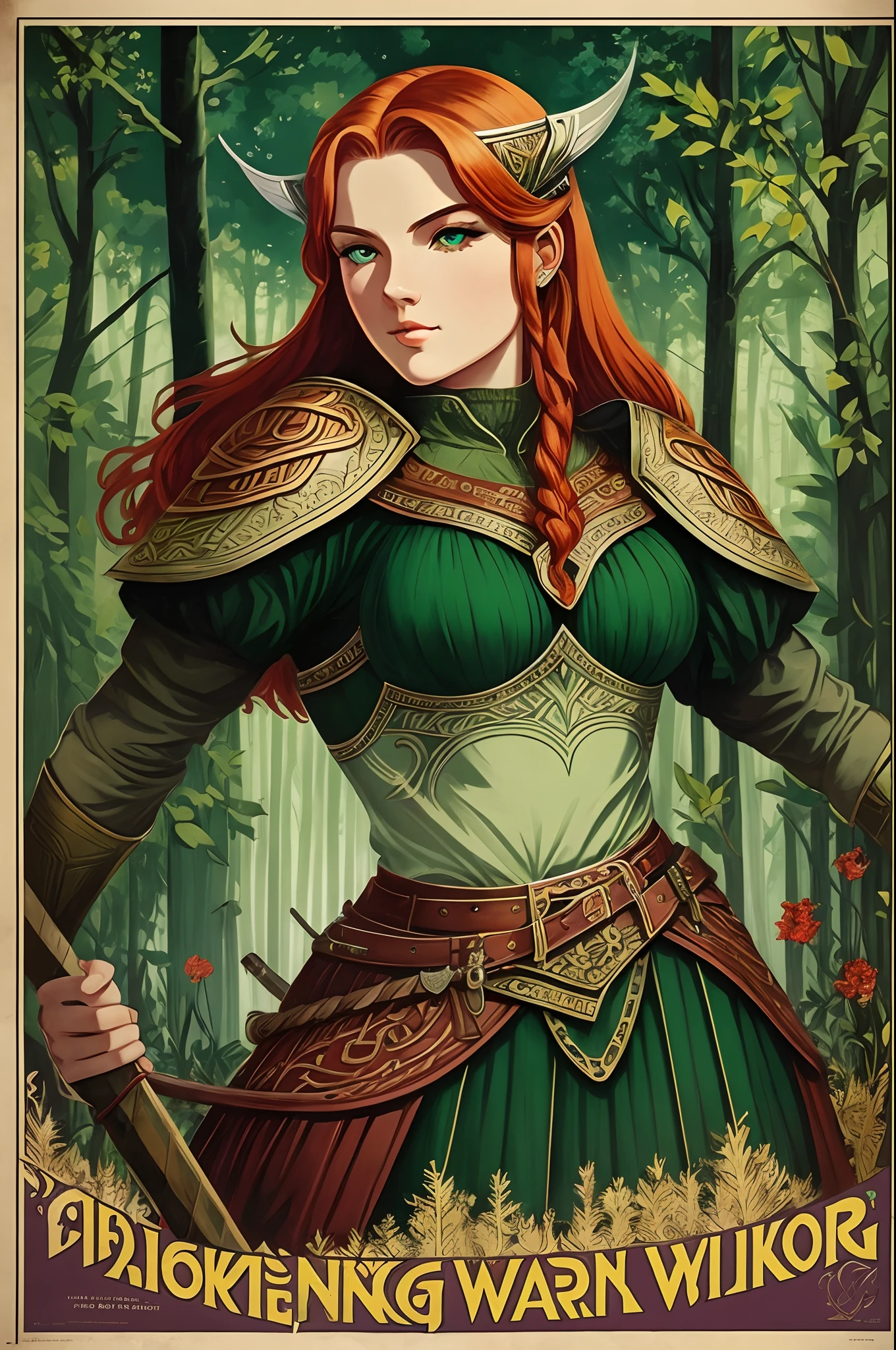 art deco poster of a female viking warrior with Red hair and forest green eyes. --auto --s2