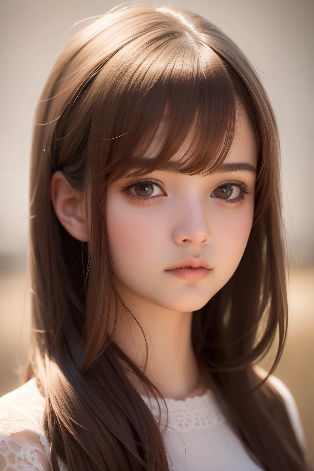 1 Japanese girl, (looking away:1.4), (upper body shot:1.2), Beautifully detailed eyeballs, catchlight in the eyes, Realistic digital painting of a woman portrait, Shy,  Cute,  open mouth to say something, sad, brown eyes,  (Wavy medium Hair:1.1), (light brown brunette hair:1.3), (Highly detailed skin:1.2), Mystical style, Global Illumination,