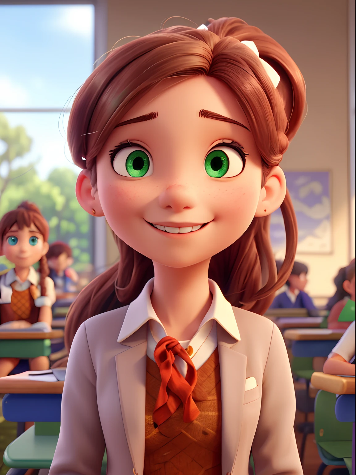 Realistic, Masterpiece, best Quality, perfect anatomy, (Detailed Eyes), 1girlphoto, monika, green eyes, brown hair, very long hair, ponytail, hair ribbon, white ribbon, shy smile, school uniform, blazer, brown sweater, collared shirt, neck ribbon, classroom, Disney Pixar style