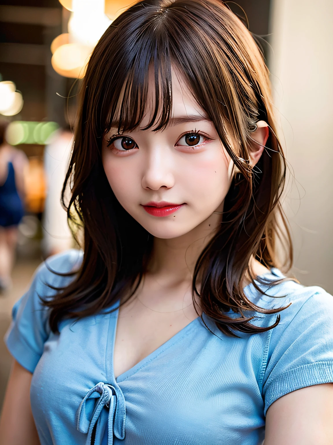 (8K, Raw photo:1.2)Detailed face and eyes,Best Quality, 超A high resolution, Highly detailed ,intricate detailes ,masutepiece ,Cute Girl , Soft cinematic light, Hyper-detailing,foco nítido, High quality,student clothes,  dripping from,Light blue dress、