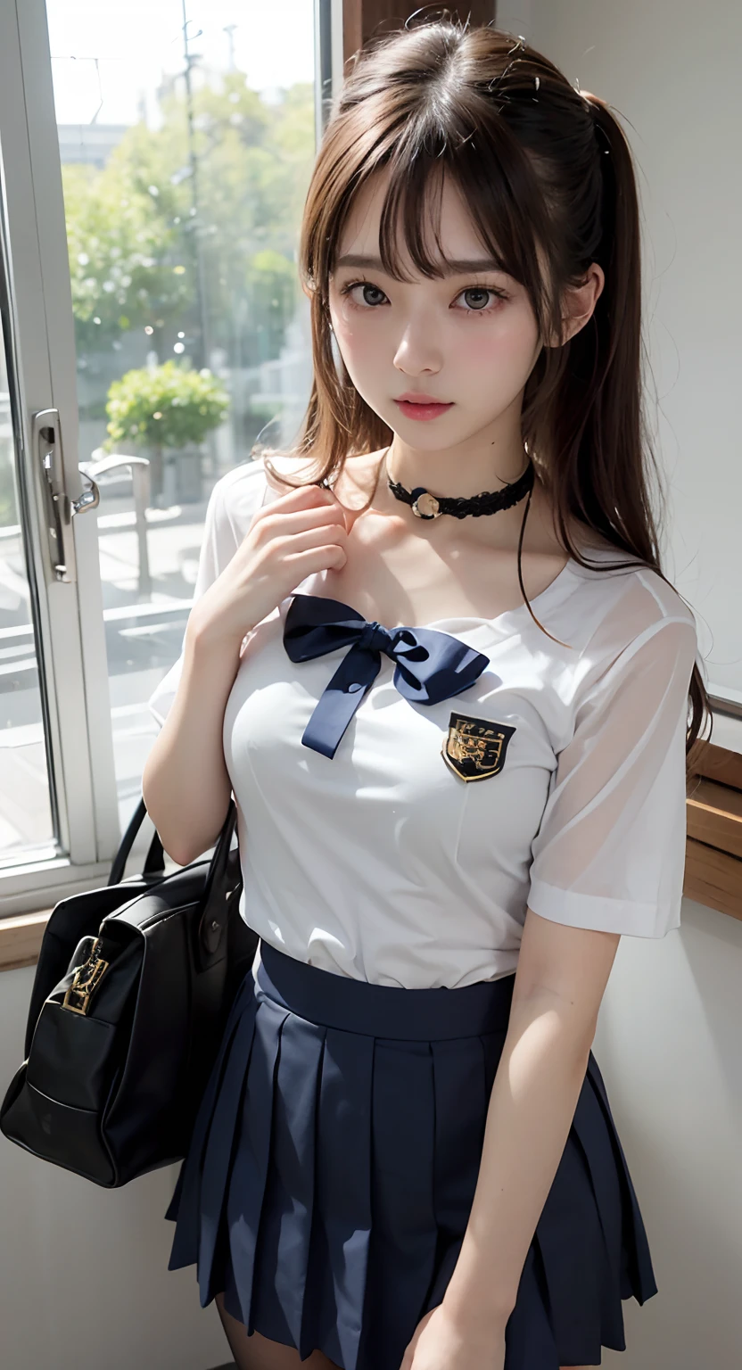 (School uniform、pleatedskirt、shortsleeves:1.5)Pretty Girl VN02, 1girl in, Solo, masutepiece, 1girl in, best qualtiy, Ultra Detail, (shiny), Small、with blush cheeks, Ray tracing,Perfect Lighting, (milky skin:1.2),reflection, up looking_で_viewer, blush, bow ribbon, Twin-tailed, yellow_Eyes, White lace pantyhose, Bag, Lace Lavender White Choker, Low_Twin-tailed, (((On the way to school)))、Japan's cutest 18-year-old beautiful girl