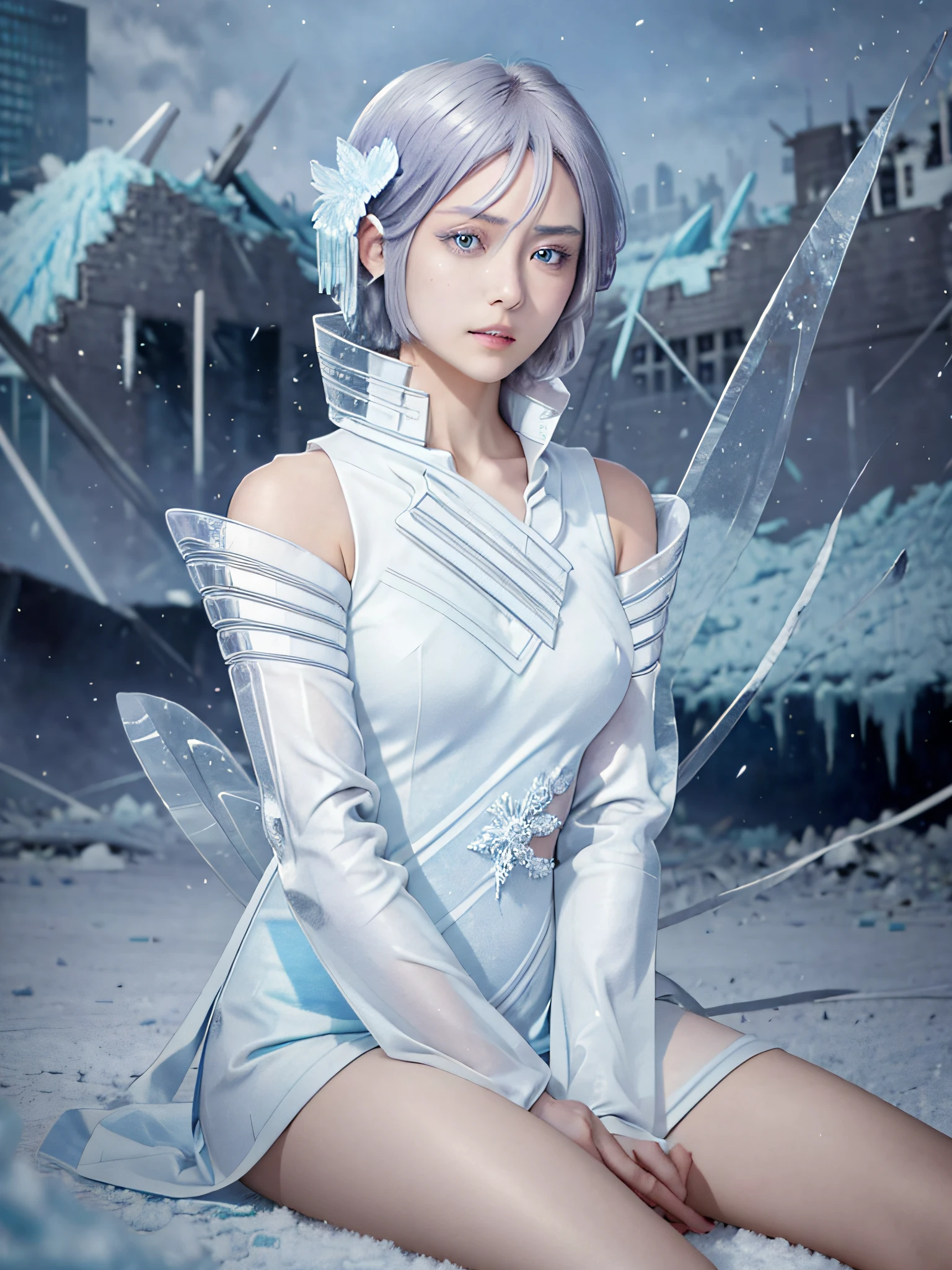 solo, short hair, hair ornament, hair between eyes, detached sleeves, ice particles, detailed, intricate details, action pose, looking at viewer, destroyed buildings, city, parted lips, crossed legs, looking at viewer