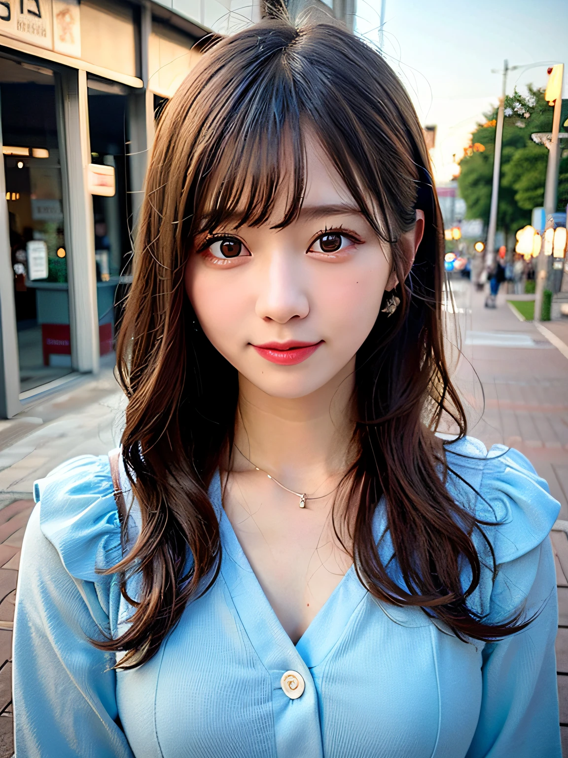 masterpiece, Best Quality, Illustration, Ultra-detailed, finely detail, high resolution, 8K Wallpaper, Perfect dynamic composition, Beautiful detailed eyes, no sleeve dress, Straight hair, upper body, Smile, Harajuku, 20 years girl, Cute, looking at viewer, front facing, spread arms, Perfect and beautiful face, Blur the background