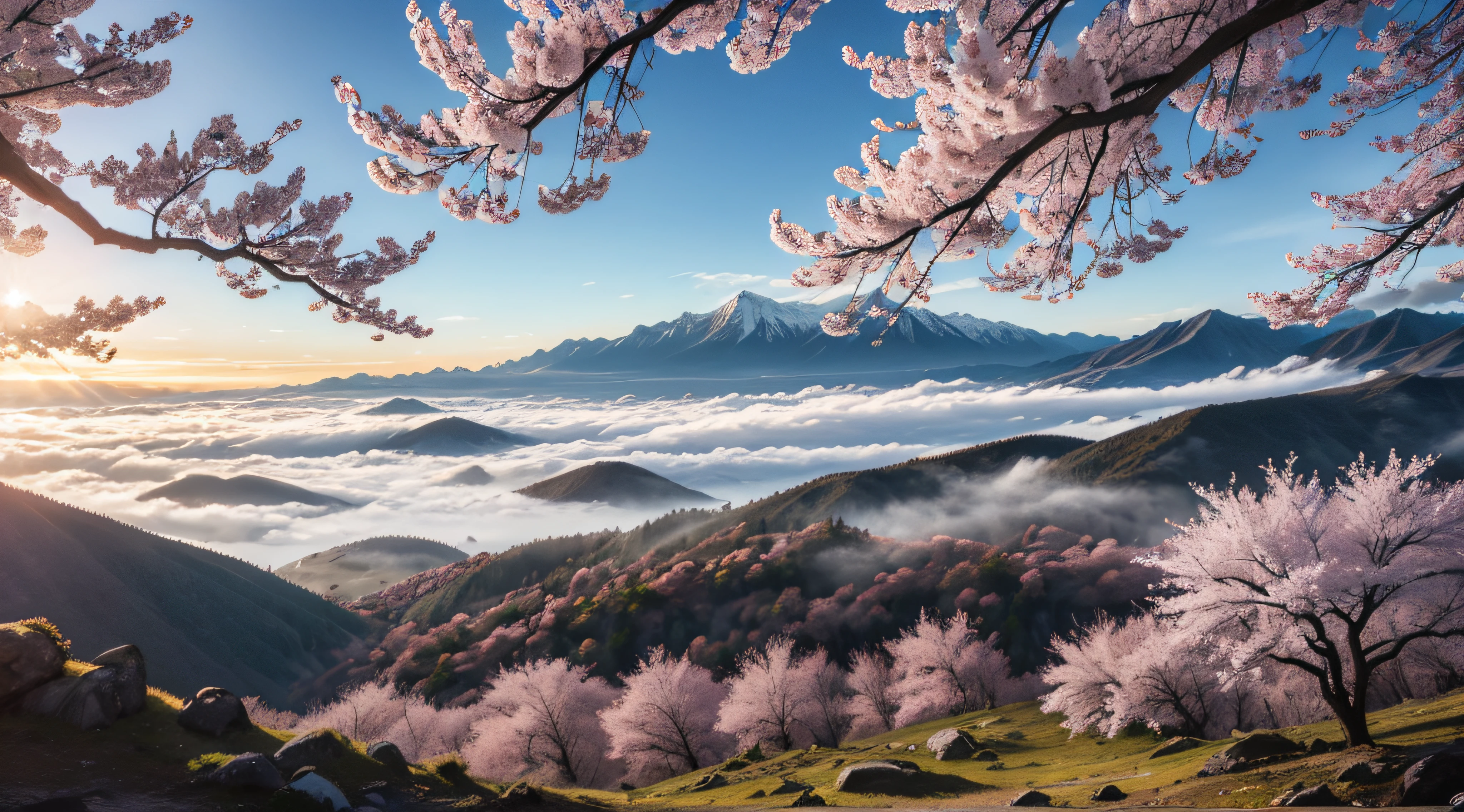 Lonely morning in the mountains, Cherry blossoms in the rays of the rising sun, Morning fog, Blood River, Atmosphere of horror