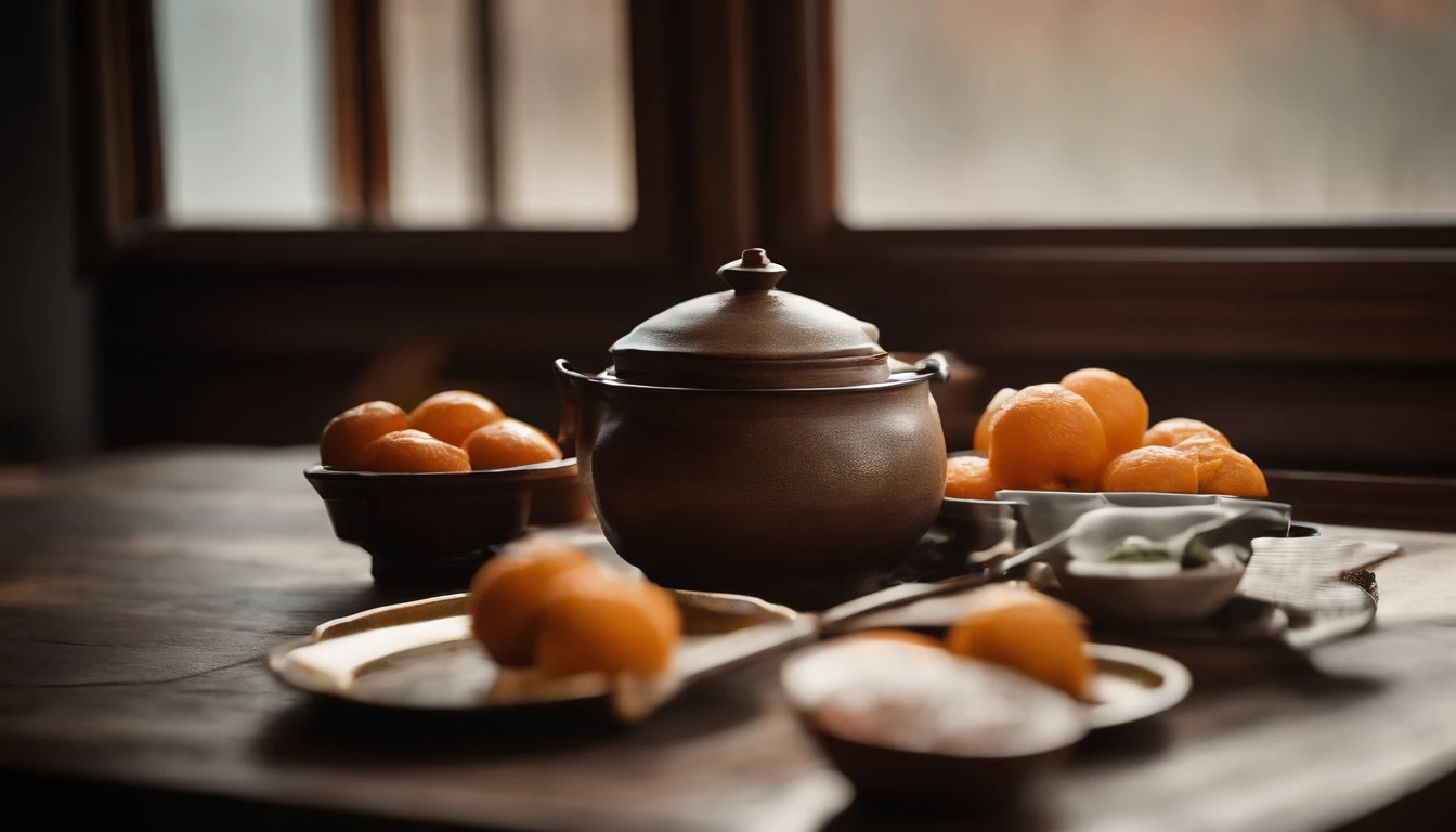 Traditional winter dining scene in Japan。On top of the kotatsu is a fugu chiri pot with steam rising。Beside it, there are also Wenshu tangerines for dessert。Tangerines are not in the pan。
