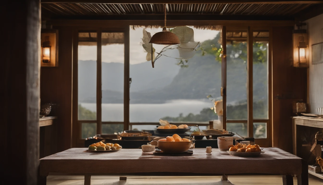 Traditional winter dining scene in Japan。On top of the kotatsu is a fugu chiri pot with steam rising。Beside it, there are also Wenshu tangerines for dessert。Tangerines are not in the pan。