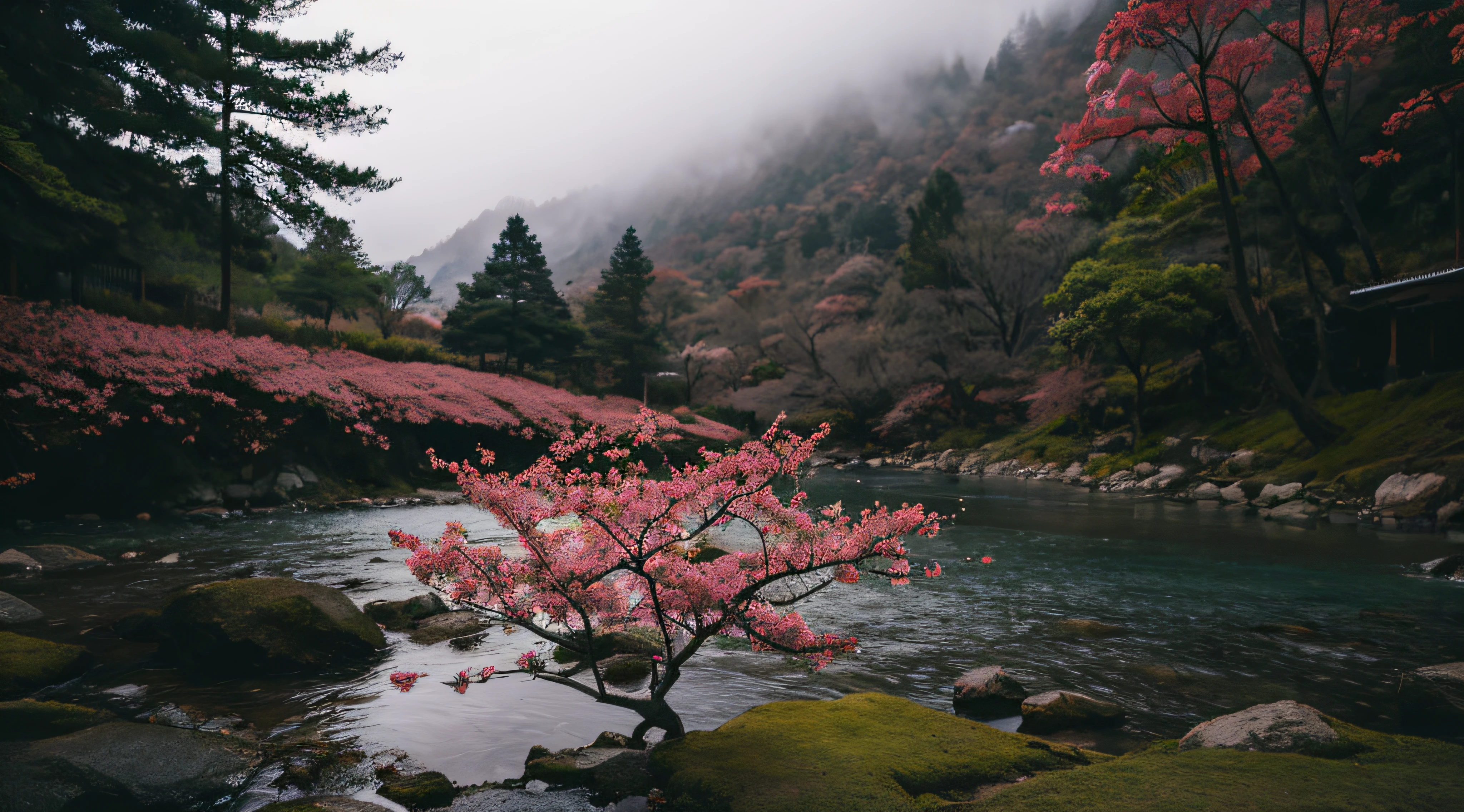 Lonely standing sakura in the mountains near waterfall at dawn, Morning lighting, Horror, Gloomy Shadows