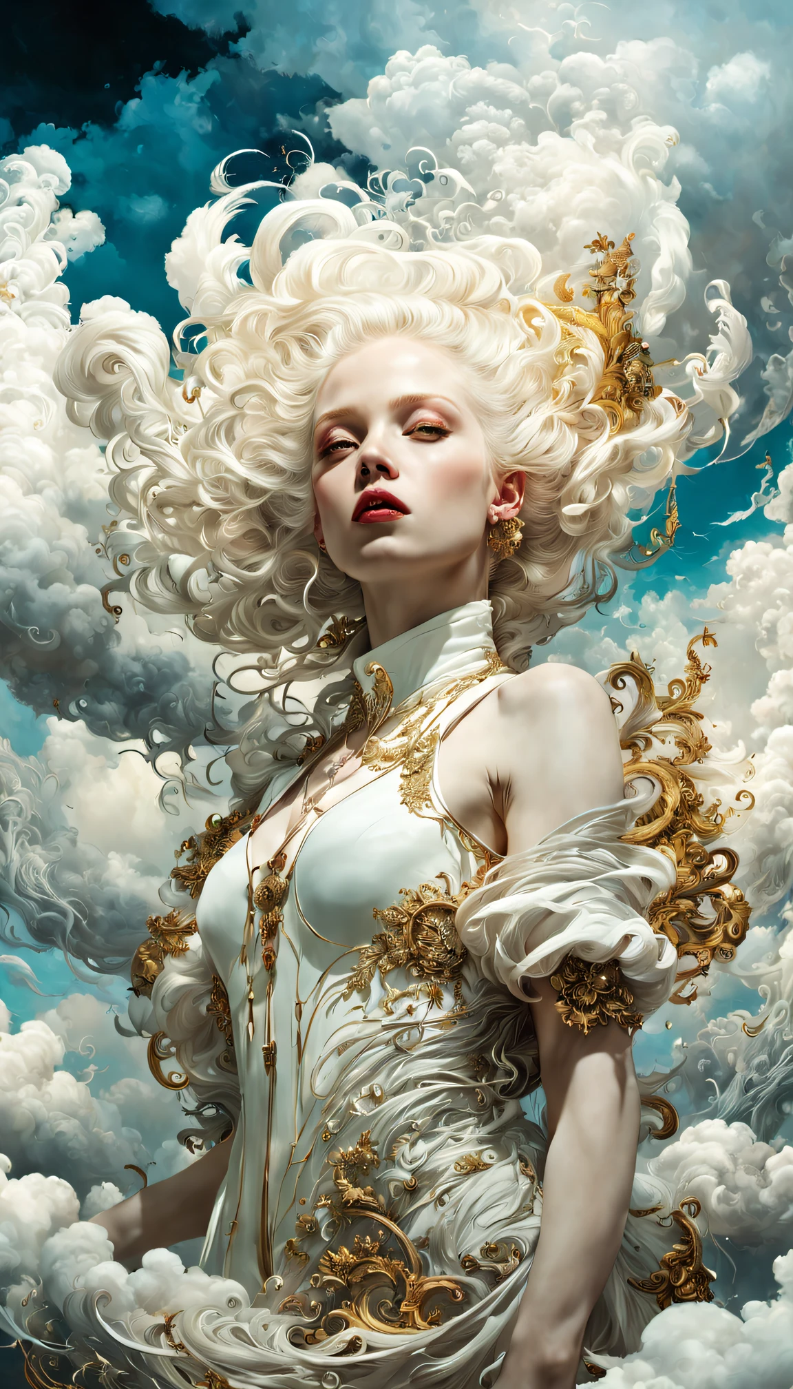 Cinematic, photorealistic of albino girl, vibrant colors, fantasy, warm tone, surreal, 8k resolution photorealistic masterpiece by Aaron Horkey and Jeremy Mann, professional photography, volumetric lighting maximalist photoillustration by marton bobzert, 8k resolution concept art intricately detailed, complex, elegant, expansive, fantastical, mythical clouds