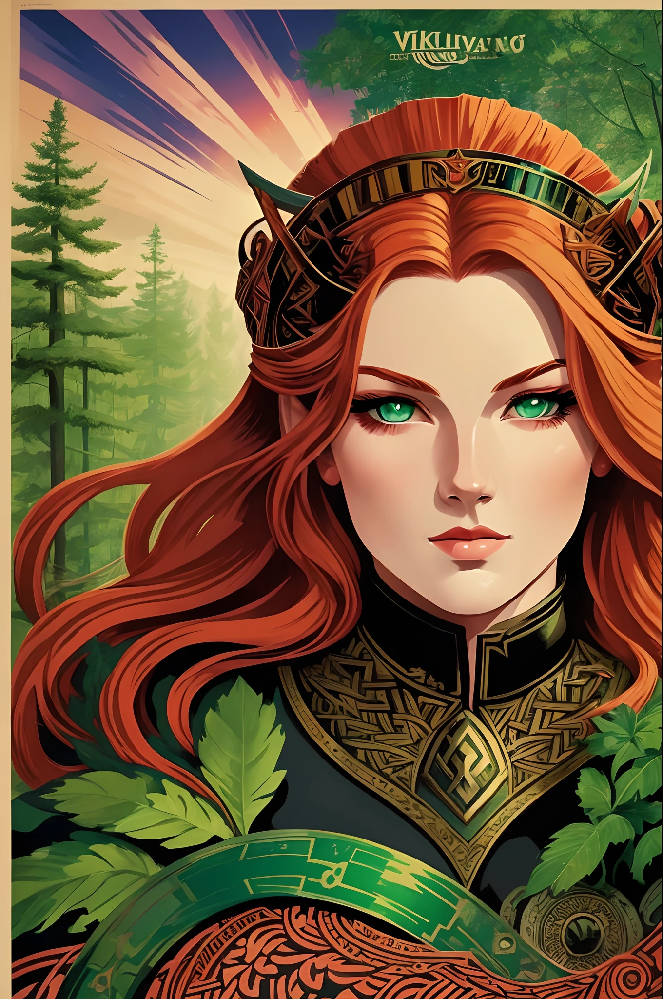 art deco poster of a female viking warrior with Red hair and forest green eyes. --auto --s2