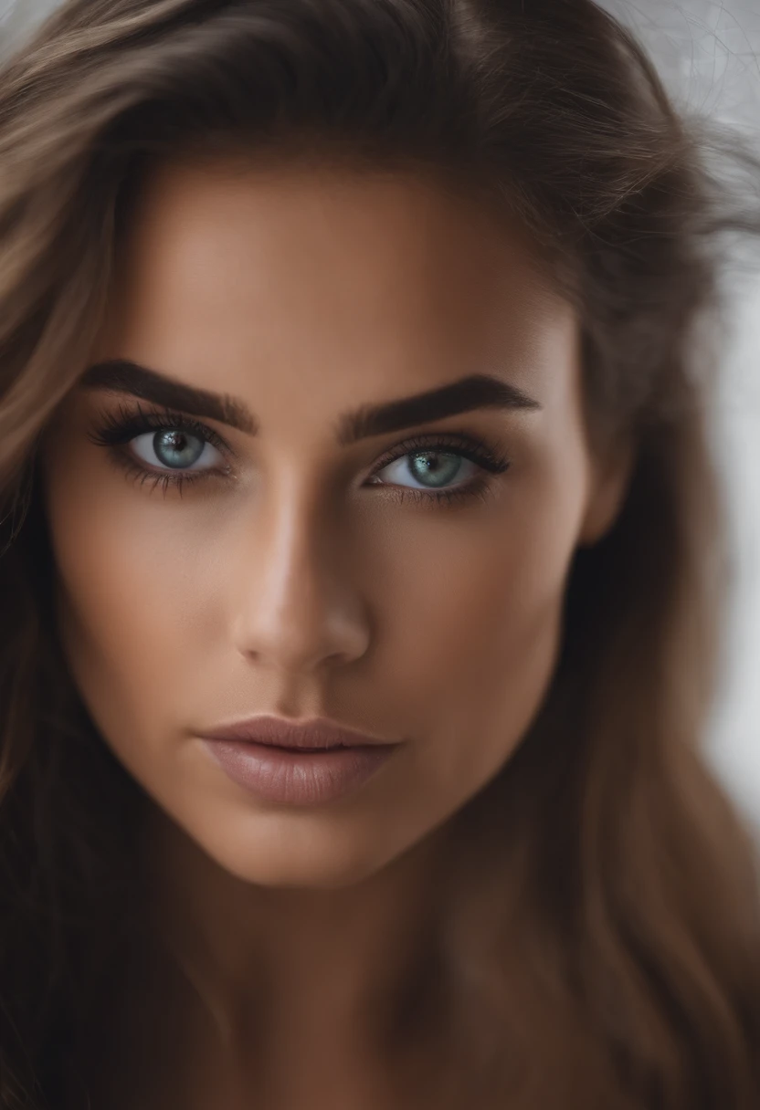 Femme arafed , fille sexy aux yeux bruns et vert ,with freckles on the face Portrait , cheveux bruns et grands yeux, selfie of a young woman, , Violet Myers, sans maquillage, maquillage naturel, looking straight at camera, Visage avec Artgram, Maquillage subtil, Superbe photo du corps entier, dans la chambre, clivage