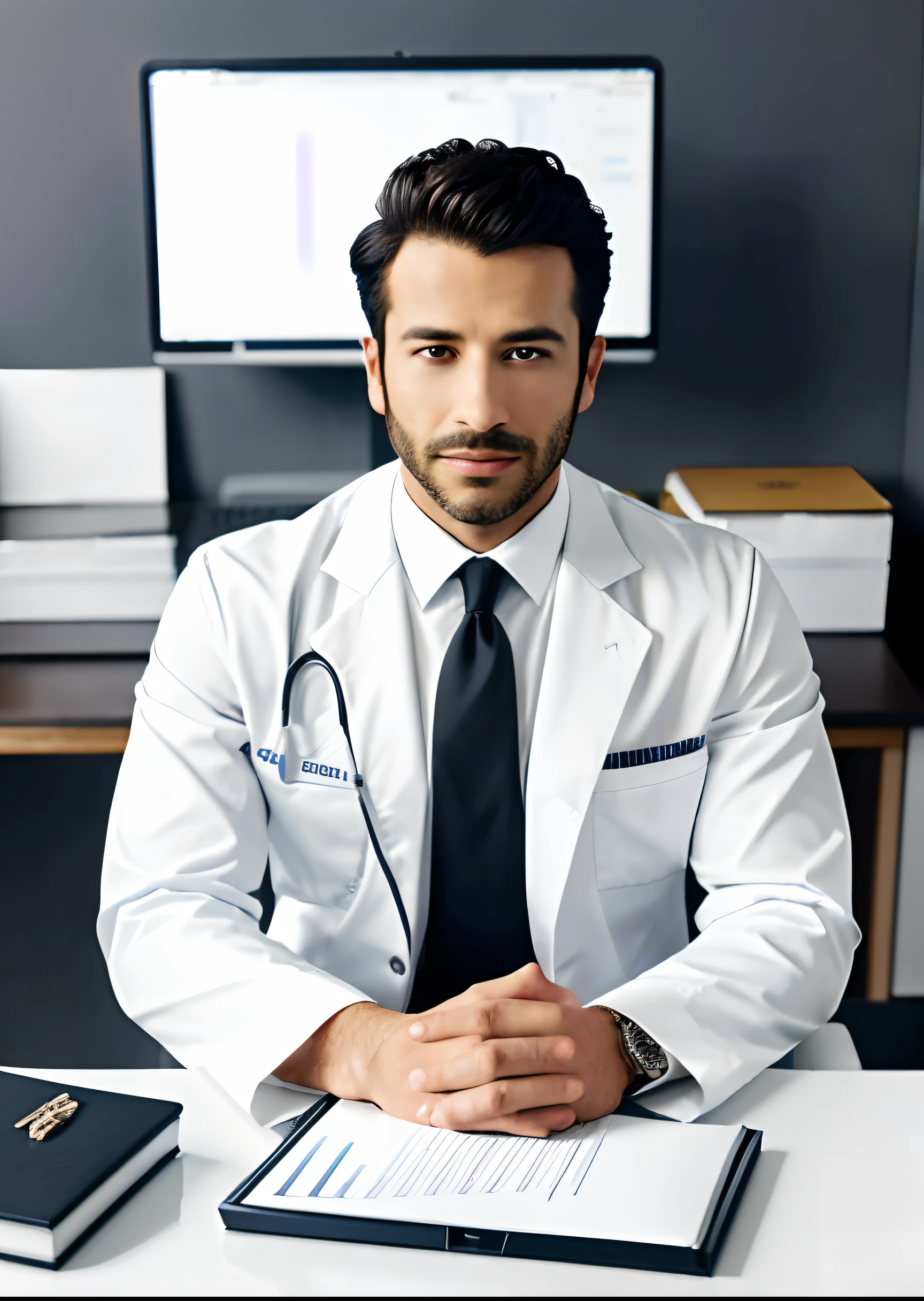 arafed man in white suit and tie sitting at a table, photo of a man, sitting at desk, wearing a doctor suit, corporate photo, handsome man, professional portrait hd, wearing doctors white suit, sitting at a desk, a photo of a man, handsome and attractive, professional profile photo, attractive man, sitting behind desk