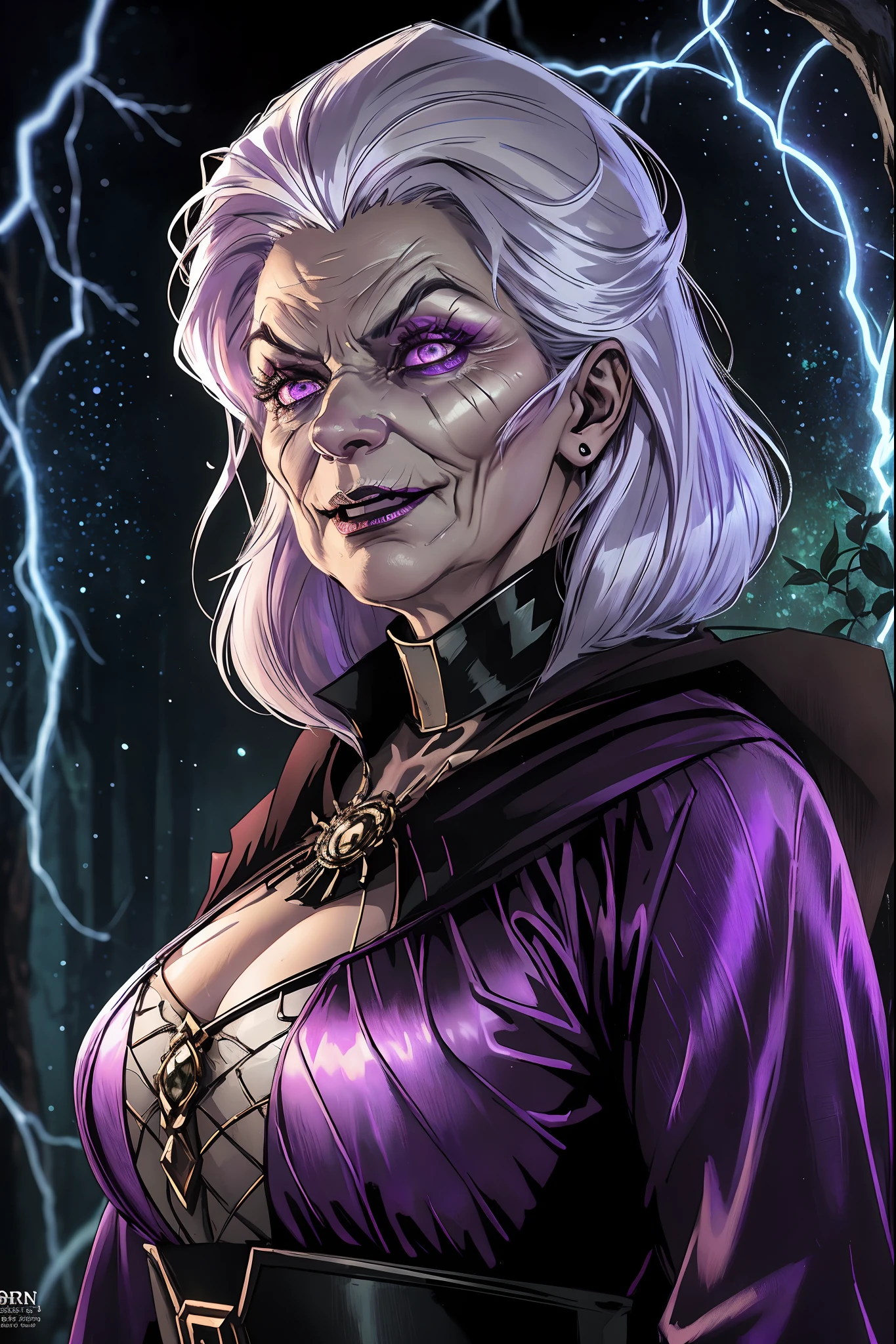 (8k, top quality, masterpiece: 1.4), ultra detail, super resolution, a stunning digital illustration of an old witch she lives deep in the forest preying on innocent souls, she has long straight white hair, evil purple eyes, old wrinkly skin texture, (supervillain outfit), her evil features scare the viewer, her presence is ominous, bokeh, eerie light particles, magic glow, nightshade and vines