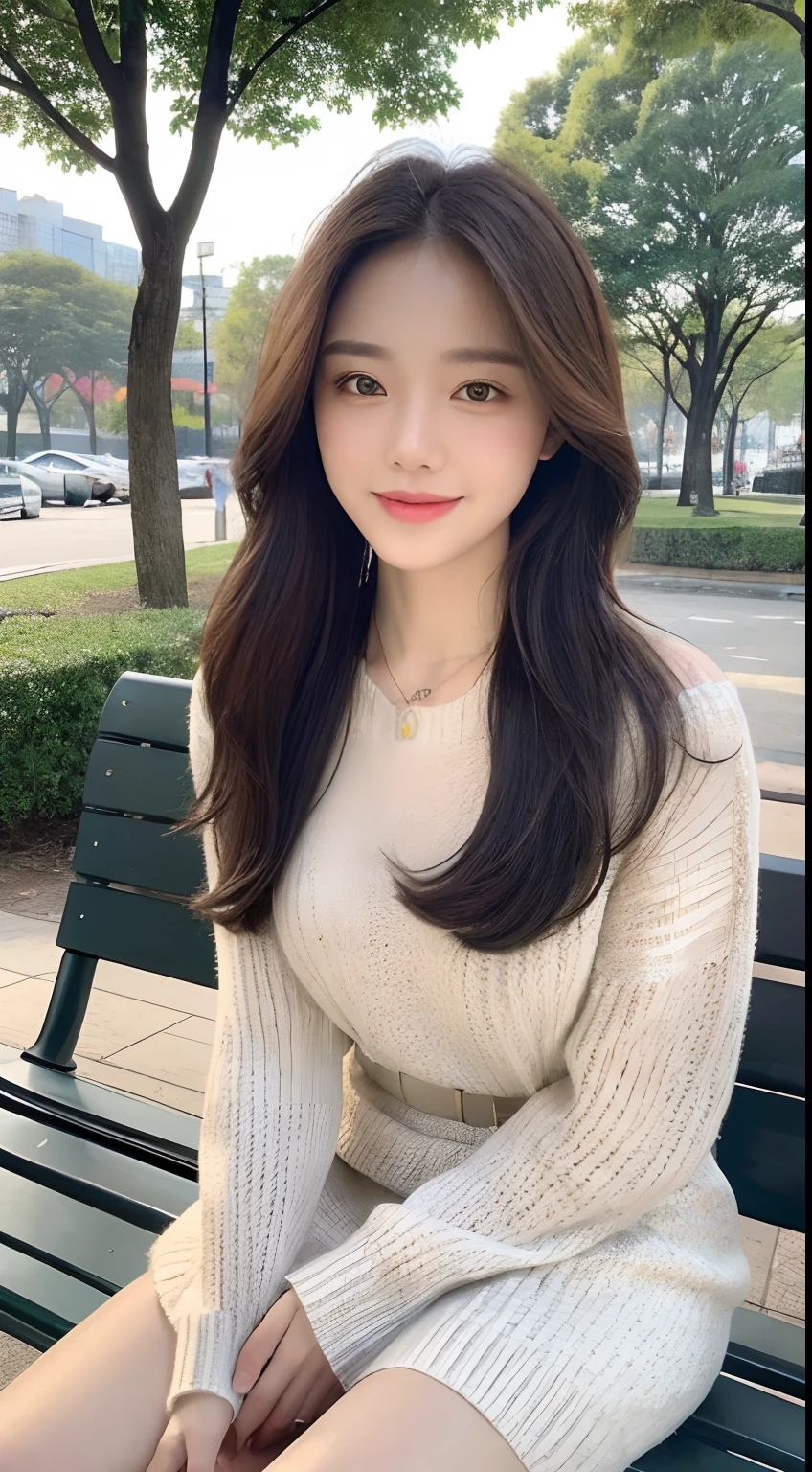 ((top quality, 8k, masterpiece: 1.3)), focus: 1.2, perfect body beauty: 1.4, buttocks: 1.2, (((delicate hair)), (sweater dress: 1.1), (sports car, street: 1.2), highly detailed face and skin texture, narrow eyes, double eyelids, whitened skin, smile, necklace, ring, person sitting on a park bench.