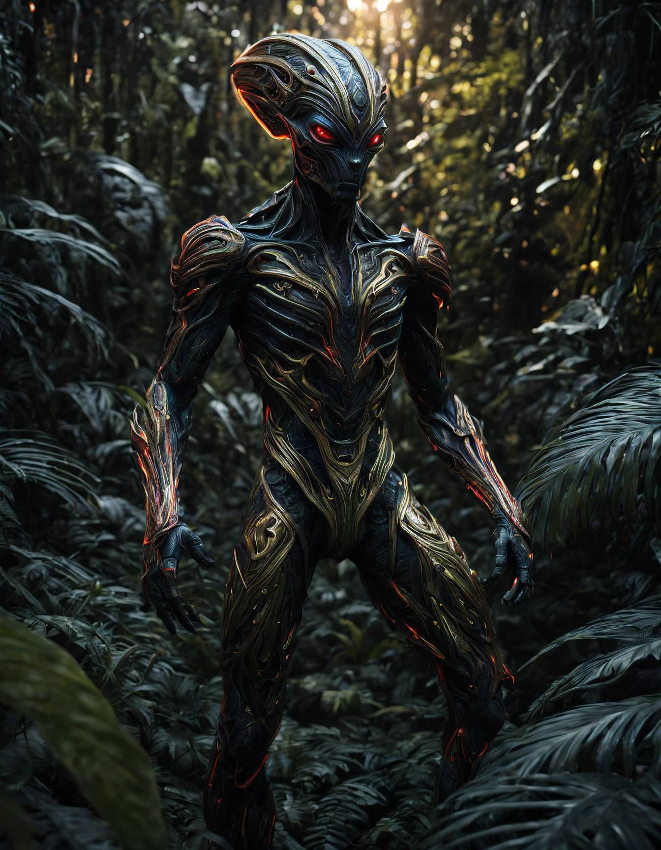 muted photo titled "male futuristic alien creature of light neon lava color in a jungle" muted palette,(by Ivan Albright:1.2), muted colors, detailed, 8k, Ultra High Definition, 8k, Unreal Engine 5, Ultra Sharp Focus, Intricate Artwork Masterpiece, Ominous, Golden Ratio, Highly Detailed, Vibrant, Production Cinematic Character Render, Ultra High Quality Model, Cosmic light in back front