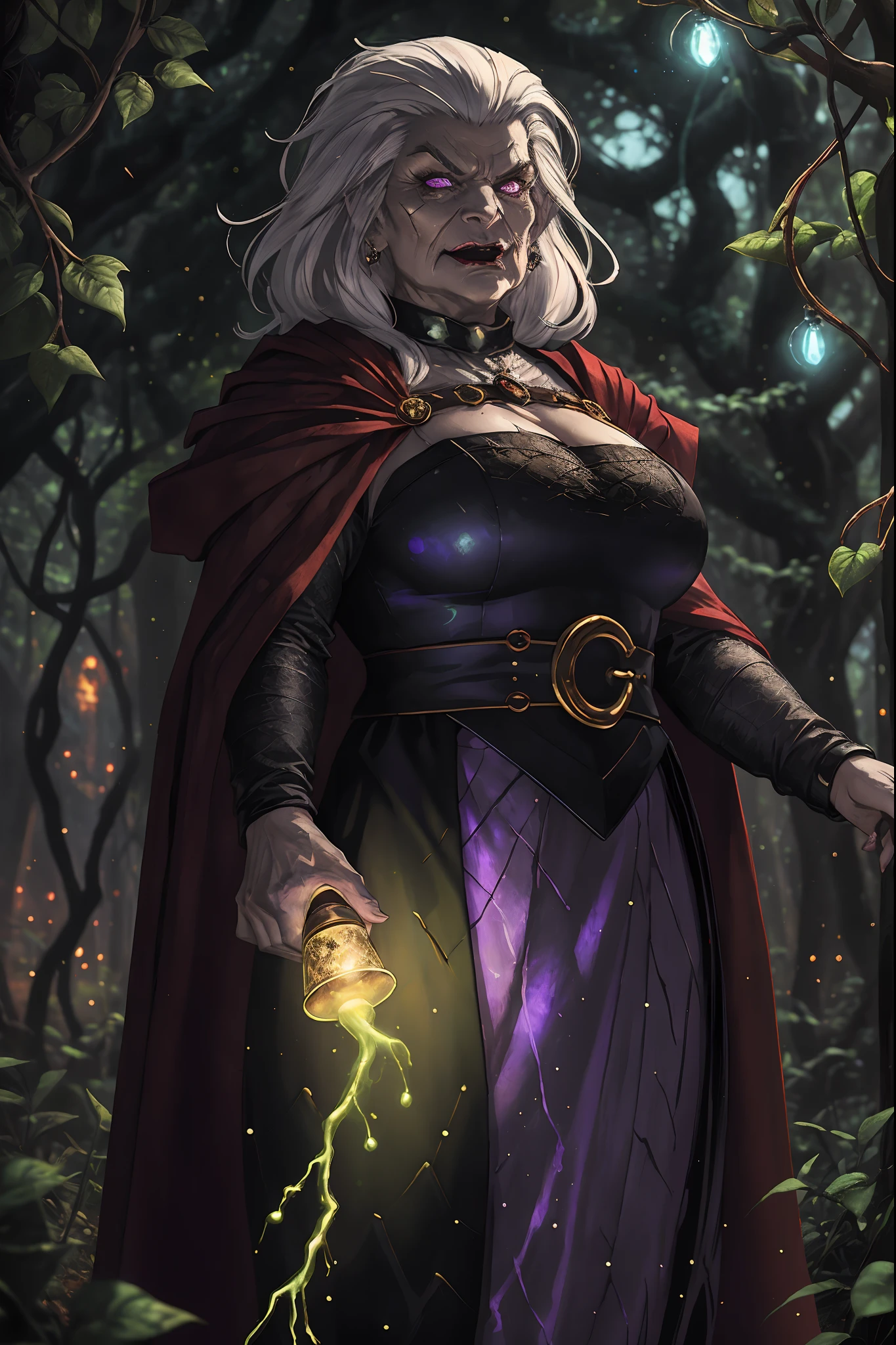 (8k, top quality, masterpiece: 1.4), ultra detail, super resolution, a stunning digital illustration of an old witch she lives deep in the forest preying on innocent souls, she has long straight white hair, evil purple eyes, old wrinkly skin texture, (supervillain outfit), her evil features scare the viewer, her presence is ominous, bokeh, eerie light particles, magic glow, nightshade and vines