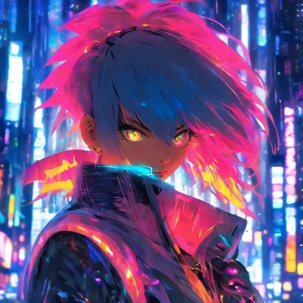 Portrait, 1 girl, Beautiful face, Asymmetrical hair, Multi-colored hair, belt, tightsuit, covered mouth, covered navel, Detached sleeves, With gray eyes, hip vent, Open jacket, Cute, view the viewer, Night City, neonlight, Rainy,