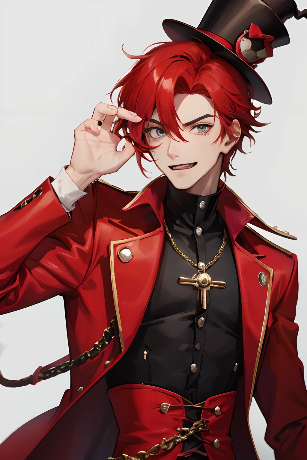 man with red hair and a magician red outfit, with a magician black hat, goofy personality, a close up of a toy figure of a man with a top hat and cane, hamburglar, !!!anthropomorphic!!!, he is wearing a top hat, toon boom render, thertrevkaiser, toonix character, as a fortnite character, slick clammy skin, 🐋 as 🐘 as 🤖 as 👽 as 🐳, cutecore clowncore