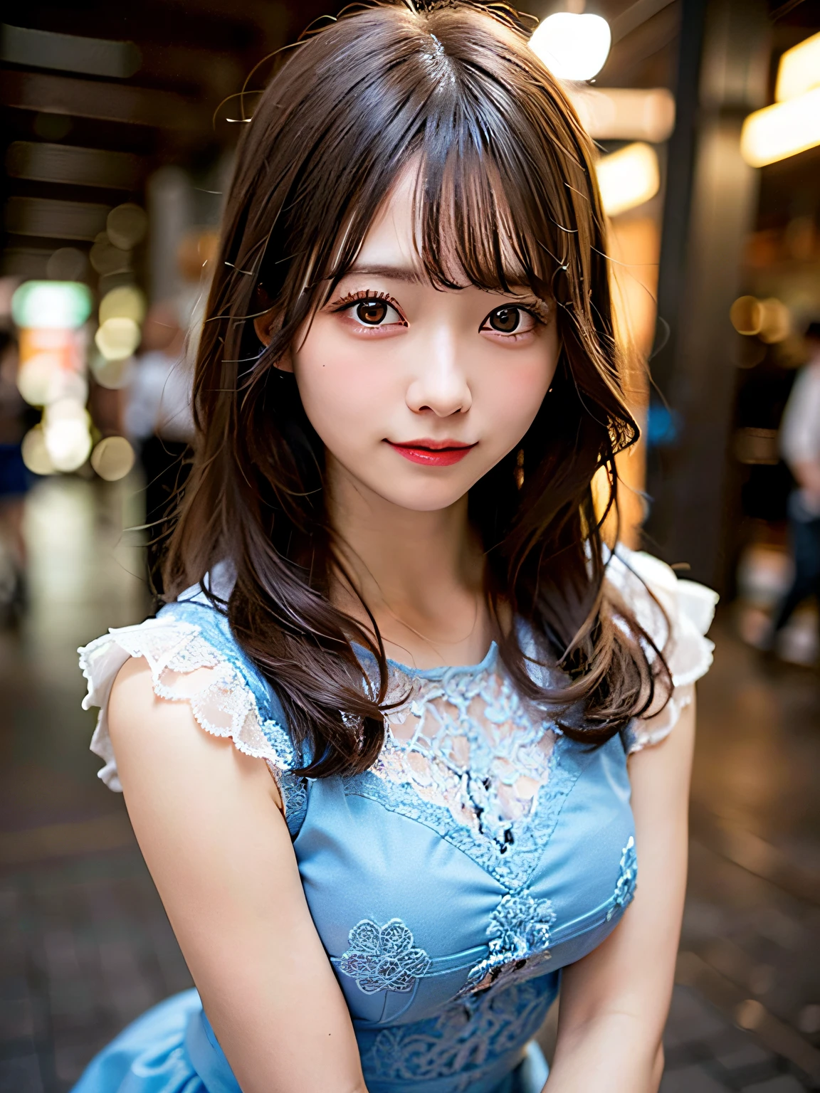 (8K, Raw photo:1.2)Detailed face and eyes,Best Quality, 超A high resolution, Highly detailed ,intricate detailes ,masutepiece ,Cute Girl , Soft cinematic light, Hyper-detailing,foco nítido, High quality,student clothes, dripping from,Light blue lace dress、