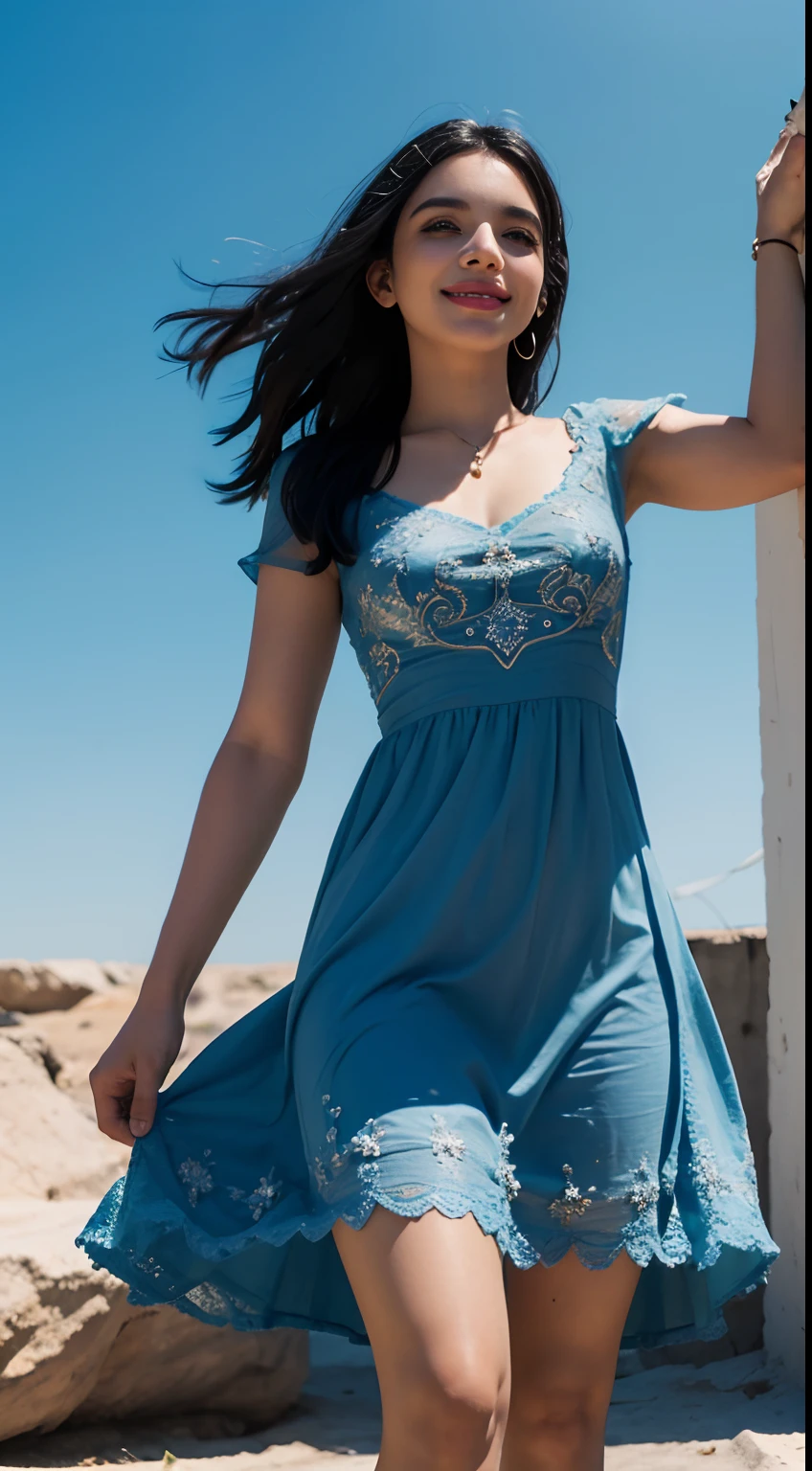 Uma menina bratifull com ouro,(seu corpo adornado com intrincado,Dimonds e Judiol),cabelo longo preto,corpo inteiro,tiro de comprimento total,vestido brilhante,anotamia perfeita, ((totalmente exposto)),descoberto,master part,8k,(blue skies),Estrelas,Judiaria Brilhante,(muito muito transparente amarelo renda brilhante vestido),cara de sorriso,in a romantic posture