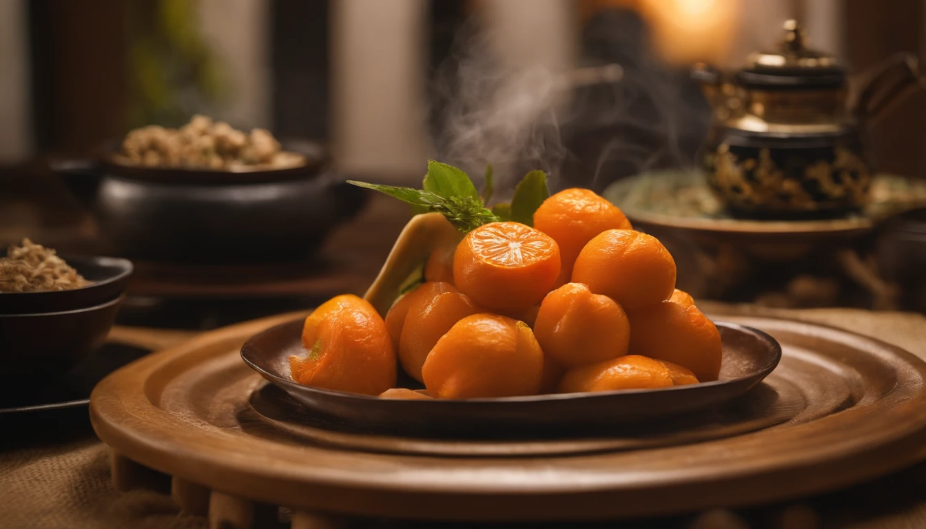 Japanese-style room in the Japan。A steaming hot pot dish is placed on the dining table。As a dessert, three Wenshu tangerines are also placed on the table。Tangerines are not cooked in a pot