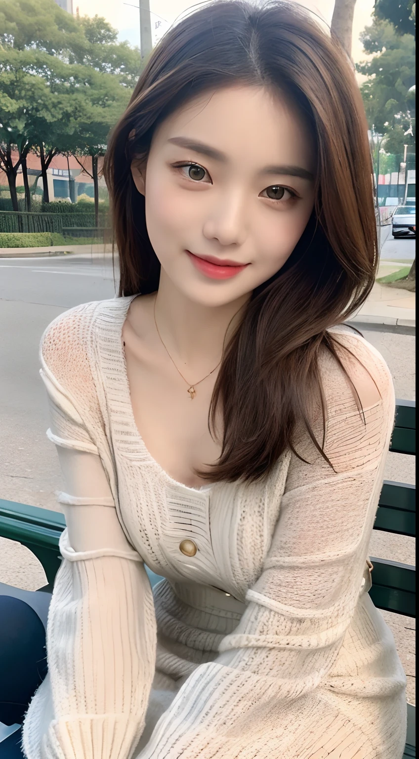 ((top quality, 8k, masterpiece: 1.3)), focus: 1.2, perfect body beauty: 1.4, buttocks: 1.2, (((delicate hair)), (sweater dress: 1.1), (sports car, street: 1.2), highly detailed face and skin texture, narrow eyes, double eyelids, whitened skin, smile, necklace, ring, person sitting on a park bench.