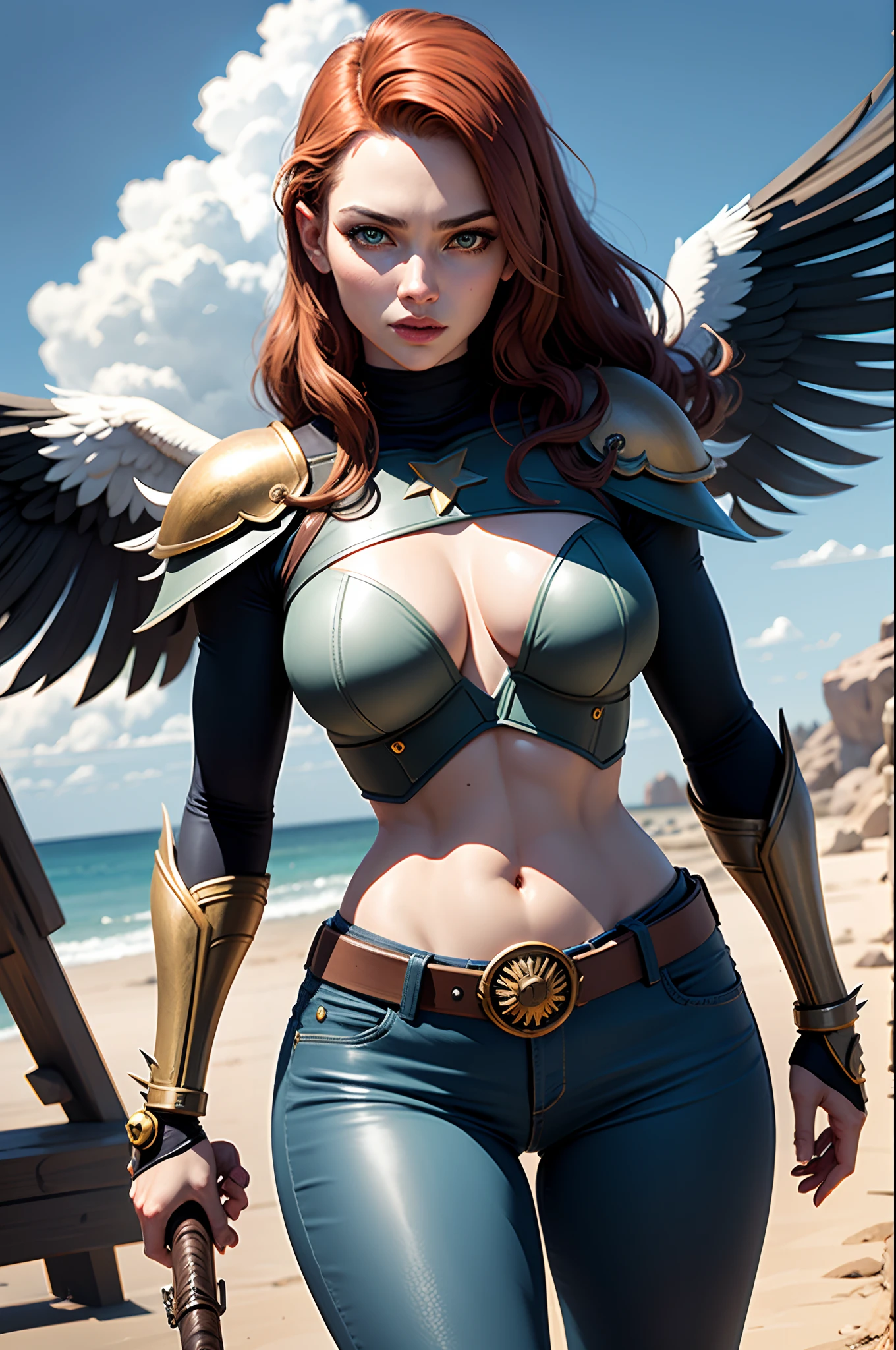 (cowboy shot), (masterpiece), (best quality:1.0), (ultra highres:1.0), highly detailed face and eyes, (photorealistic:1.2)
BREAK
Shayera from DC comics,hawk girl from DC comics, green eyes, mask, metal wings, wings, holding weapon, large spiked mace, electricity
navy-blue plate armor, black pants, midriff, belt,
BREAK
sky, lightning, clouds