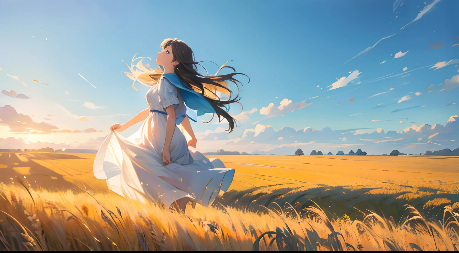 Fresh painting style，Full Body Angle:1.5,In the wheat field，girl with，Keep hands away from sunlight，Bright sky，Looking Up，Anime characters，ultra - detailed，Highly realistic，tmasterpiece，8K，hyper HD，