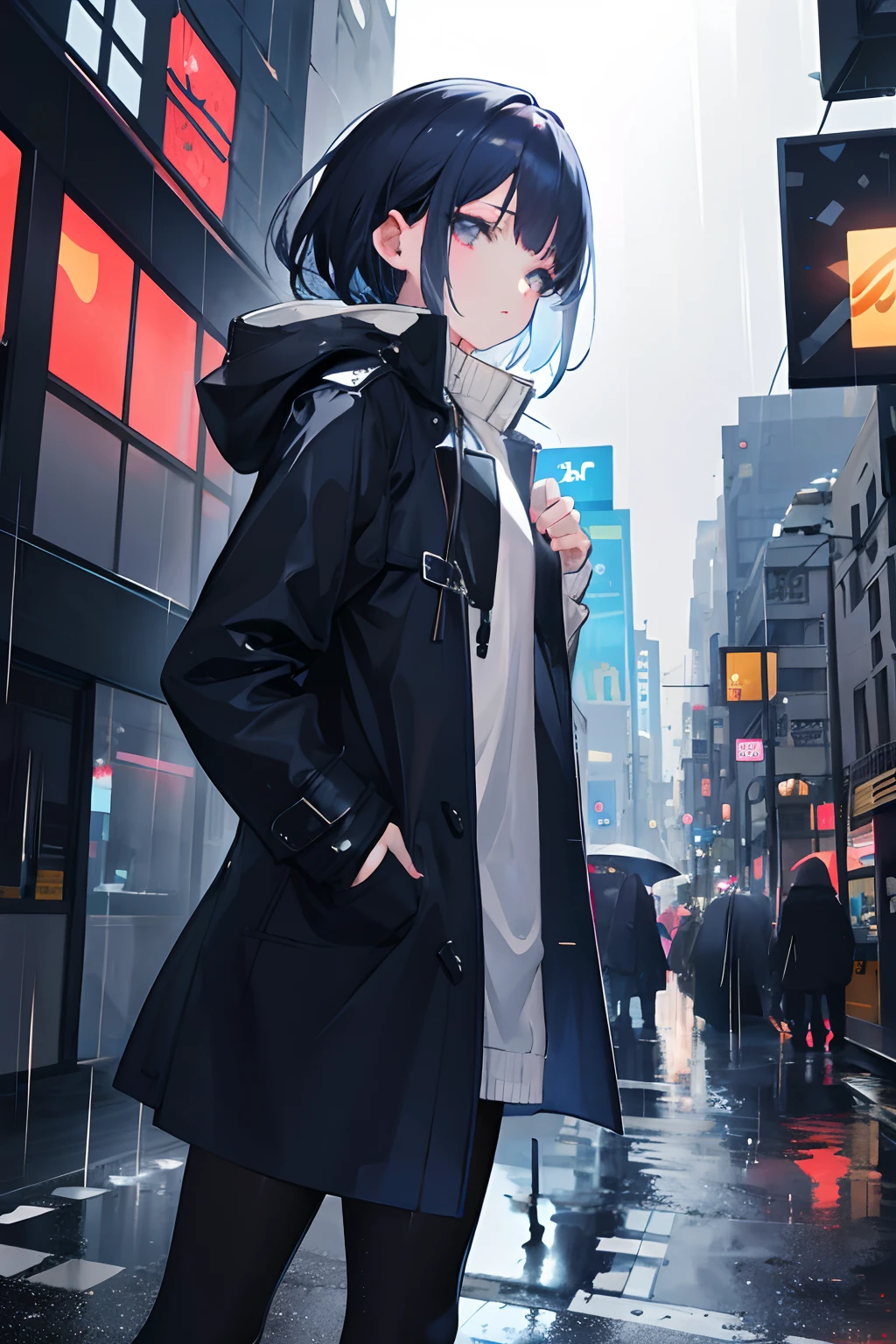 1girll,Night City,rain,Coat,Hands in pockets