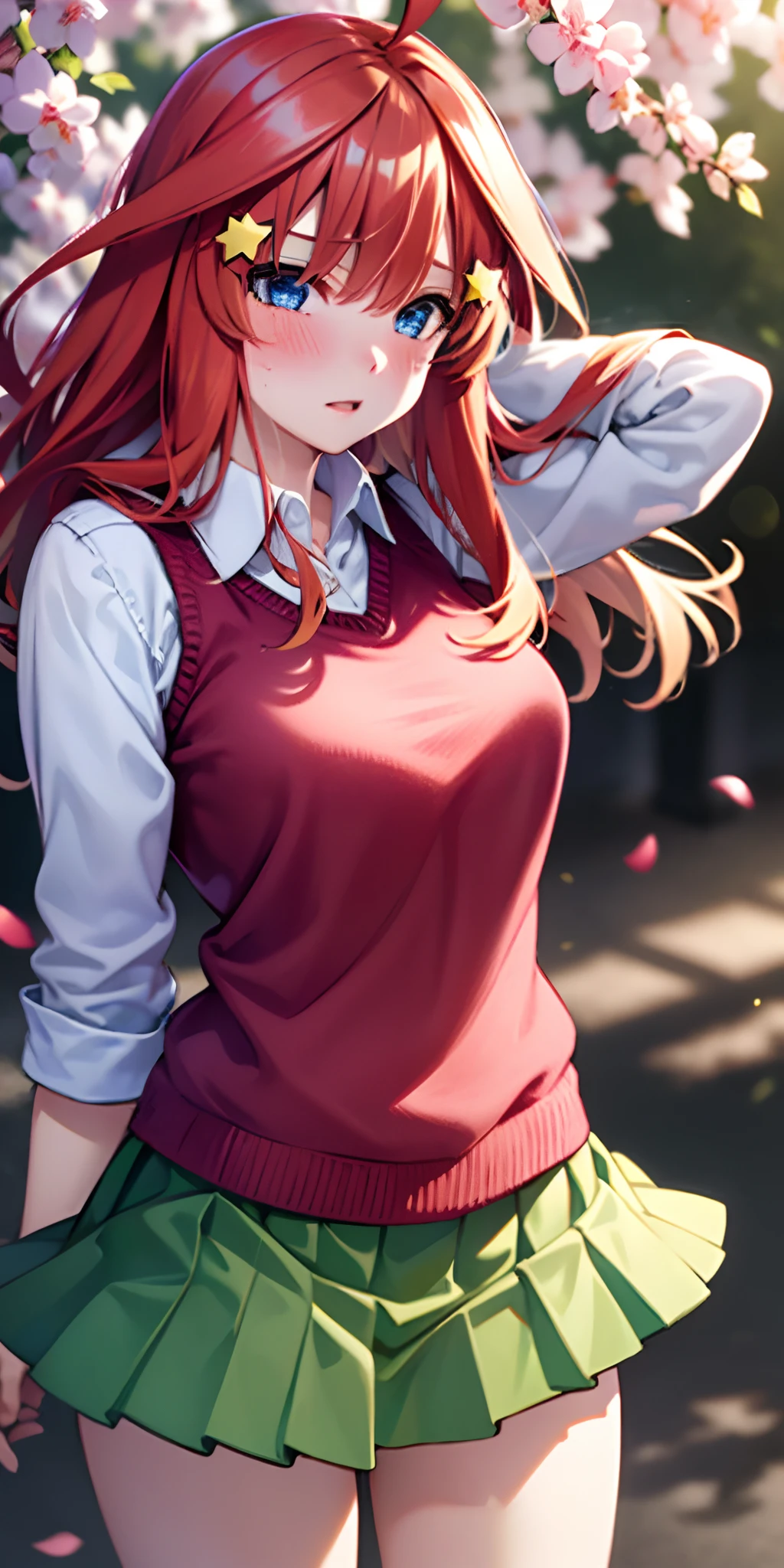 ultra-detailed, Best Quality, Anime, Highly detailed, extremely detailed CG, unity 8k wallpaper , super detailed skin, detailed , dynamic lighting , beautiful detailed eyes, Cowboy Shot, Itsuki Nakano, Red hair, Long hair, Star hair ornament, Ahoge, Red Sweater, Collared shirt, Green skirt, very short pleated miniskirt, medium breasts, Standing, School, Outdoors, embarrassed, blush,skirt lift by yourself,pigeon-toed, showing panties, floating hair, wind,