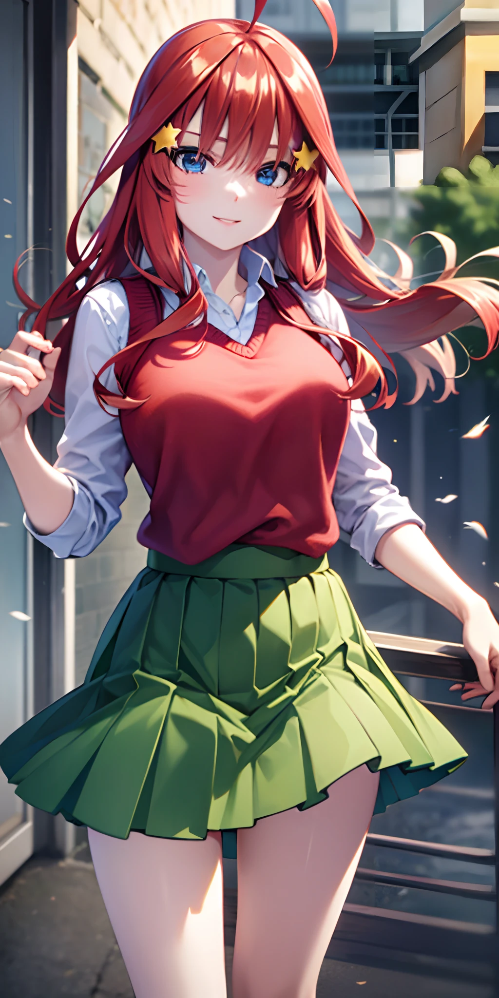 ultra-detailed, Best Quality, Anime, Highly detailed,extremely detailed CG, unity 8k wallpaper , super detailed skin, detailed , dynamic lighting , beautiful detailed eyes, Cowboy Shot, Itsuki Nakano, Red hair, Long hair, Star hair ornament, Ahoge, Red Sweater, Collared shirt, Green skirt, very short miniskirt, medium breasts, Standing, School, Outdoors, best smile, skirt lift by yourself,pigeon-toed, showing panties, floating hair, wind,