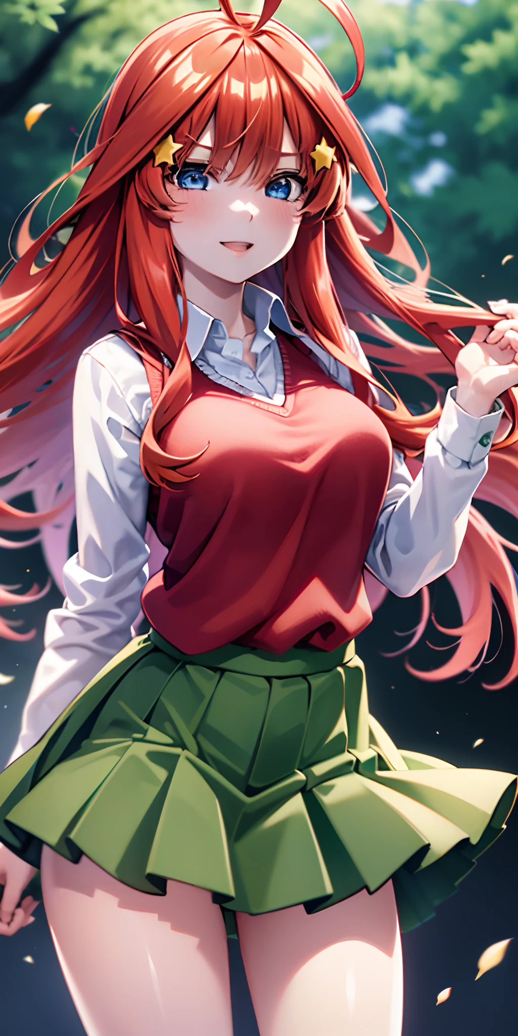 ultra-detailed, Best Quality, Anime, Highly detailed,extremely detailed CG, unity 8k wallpaper , super detailed skin, detailed , dynamic lighting , beautiful detailed eyes, Cowboy Shot, Itsuki Nakano, Red hair, Long hair, Star hair ornament, Ahoge, Red Sweater, Collared shirt, Green skirt, very short miniskirt, medium breasts, Standing, School, Outdoors, best smile, skirt lift by yourself,pigeon-toed, showing panties, floating hair, wind,