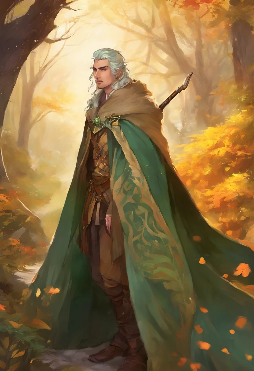 A nomadic man with sage green hair and white highlights, an olive undertone, and soft freckles on his face and shoulders. He is slightly muscular with burnt amber eyes that shine in the light. He is dressed in medieval-style travel attire and wears a cozy, fluffy coat.