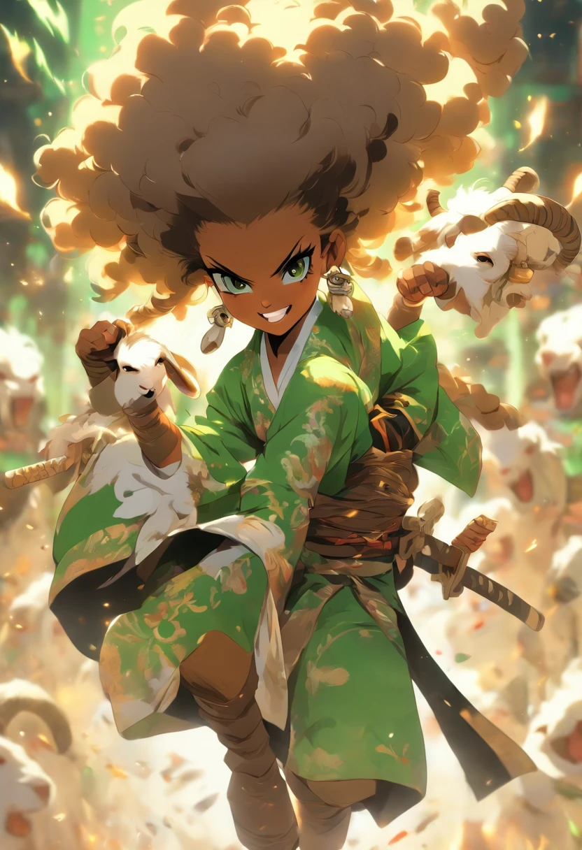 anime girl, green glossy eyes, wearing brown tall pirate boots and a white and black kimono uniform, white big afro, female, smiling, mixed skin color, curled goat horns, goat ears, goat tail, holding a katana in her hands in a fighting stance