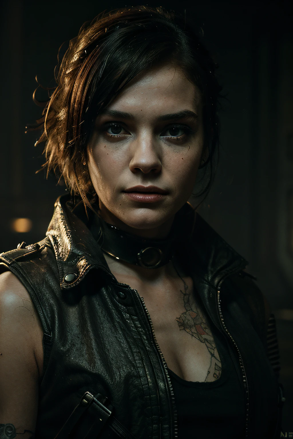 portrait 1 young woman ,science fiction, complex background  punk, mad max , futuristic, post-apocalyptic, dark, dim light, ((masterpiece, best quality, )),