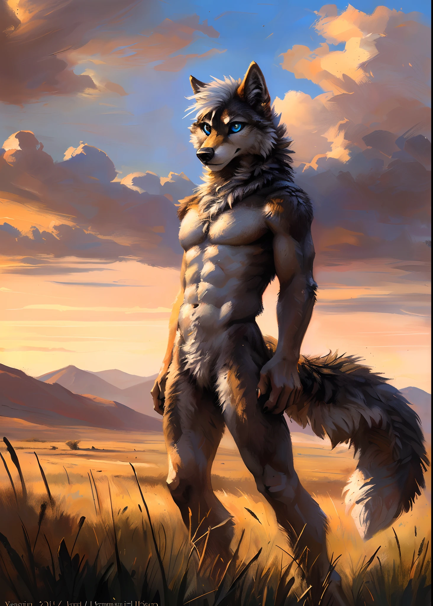 ((Solo)), male people, anthro wolf, (Multi-colored fur, White-brown:1.3，White tail pointed), (Height 2.3 meters,Tail length 1.2m), ((Wolf face, White hair, Big eyes, White eyelids, Blue pupil, Slim:1.2) (Tough, Calm expression:1.2)), Abs, Slim, pinging)), (Correct anatomy), Naked all over the body,A long big tail，Feet，(Realistic fur, Detailed fur texture, labeled:1.3)), (Natural lighting), Photorealistic, Hyperrealistic, ultradetailed, by Kenket，Endless grasslands，No artifacts