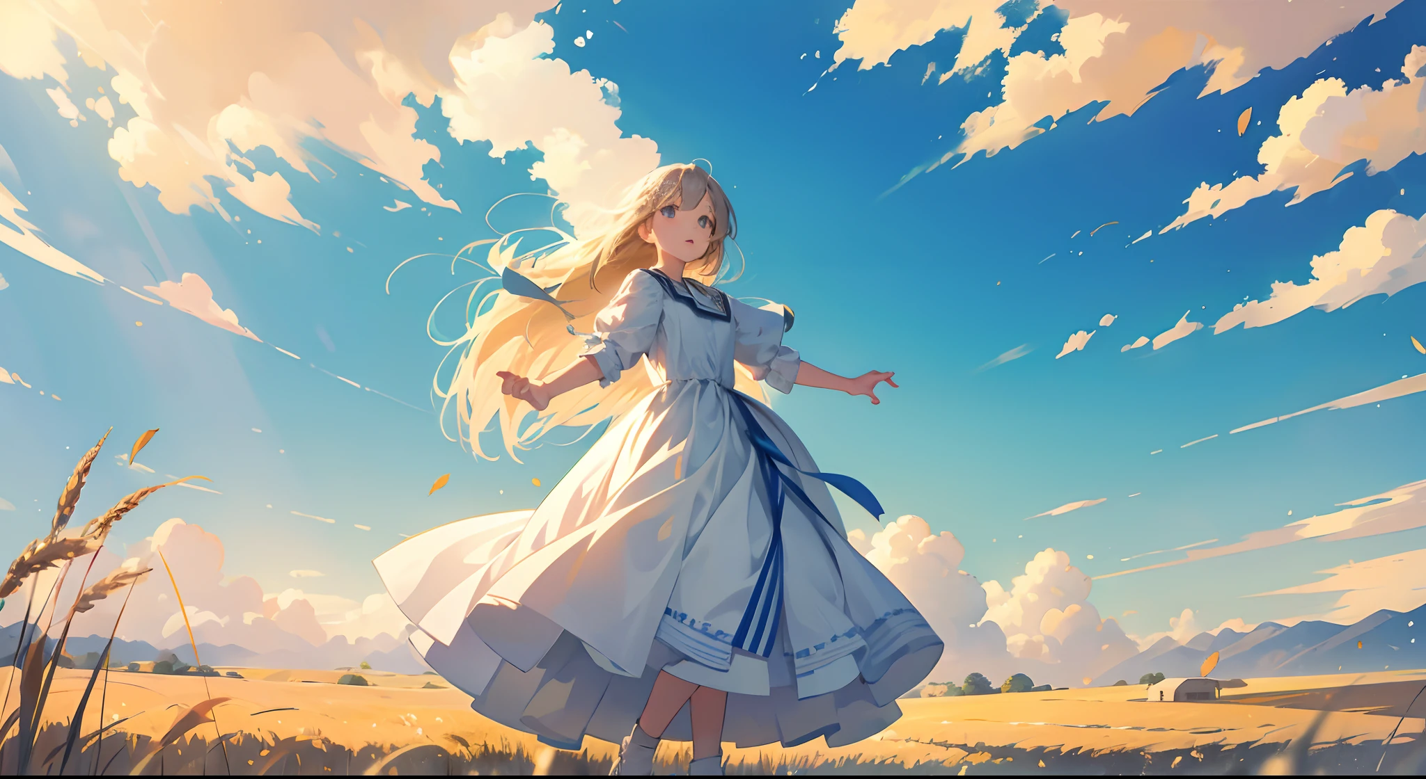 Fresh painting style,Full Body Angle:1.5,In the wheat field,girl with,Keep hands away from sunlight,Bright sky,Looking Up,Anime characters,ultra - detailed,Highly realistic,tmasterpiece,8K,hyper HD,