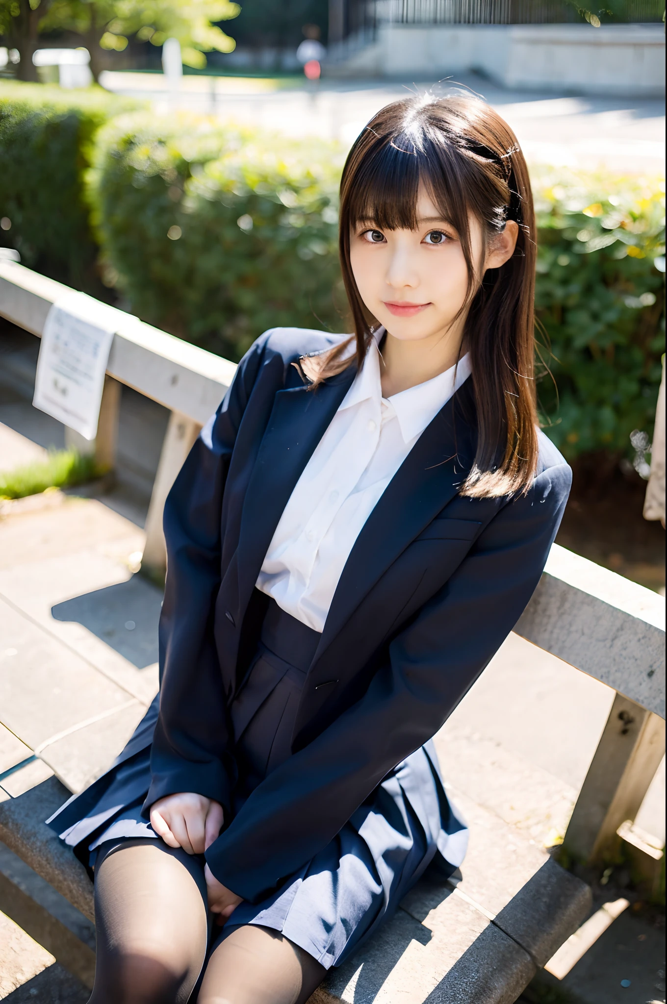 (​masterpiece:1.3), (8K, Photorealsitic, Raw photography, Top image quality: 1.4), Classy elite girl sitting on a park bench, wearing japanese school uniform, Wear ultra-realistic pantyhose、japanese girl school uniform, Japan school uniform, wearing headmistress uniform, Young Pretty Gravure Idol, photograph taken in 2 0 2 0, dressed as schoolgirl, Wearing school uniform, Wearing a strict business suit, Young skinny gravure idol, Seifuku