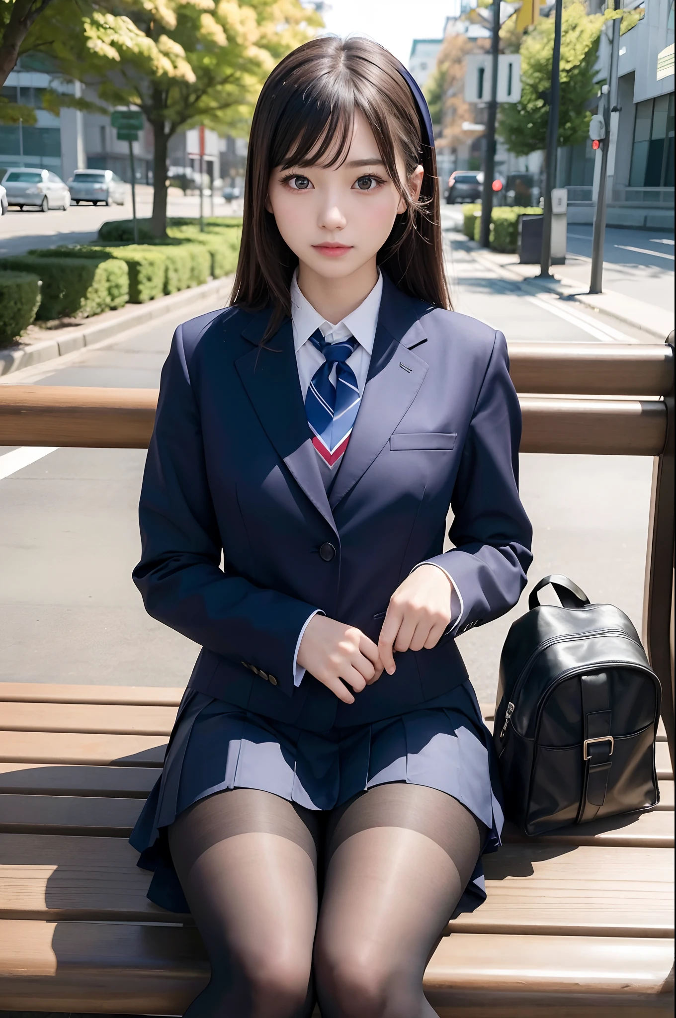 (​masterpiece:1.3), (8K, Photorealsitic, Raw photography, Top image quality: 1.4), Classy elite girl sitting on a park bench, wearing japanese school uniform, Wear ultra-realistic pantyhose、japanese girl school uniform, Japan school uniform, wearing headmistress uniform, Young Pretty Gravure Idol, photograph taken in 2 0 2 0, dressed as schoolgirl, Wearing school uniform, Wearing a strict business suit, Young skinny gravure idol, Seifuku