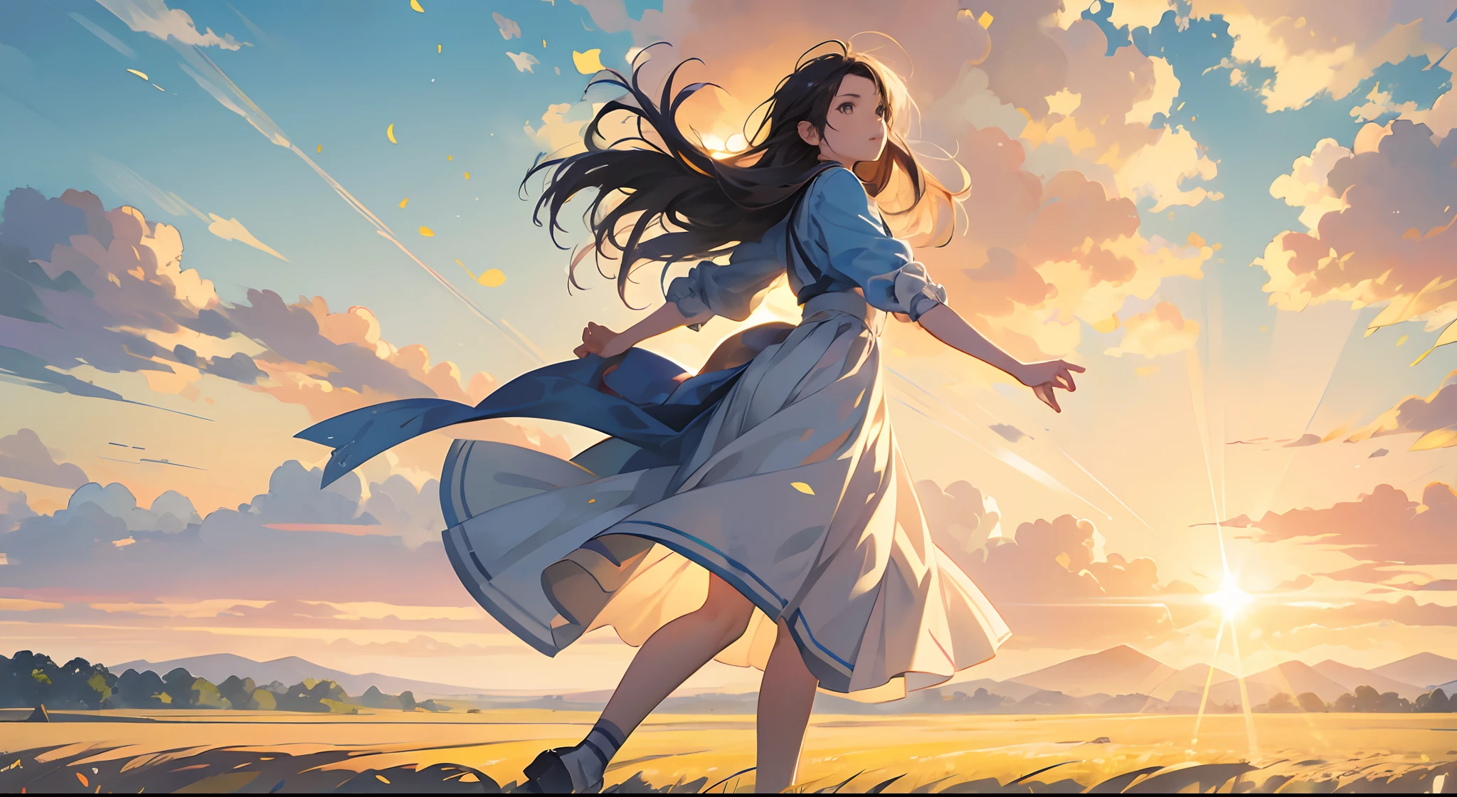 Fresh painting style,Full Body Angle:1.5,In the wheat field,girl with,Keep hands away from sunlight,Bright sky,Looking Up,Anime characters,ultra - detailed,Highly realistic,tmasterpiece,8K,hyper HD,