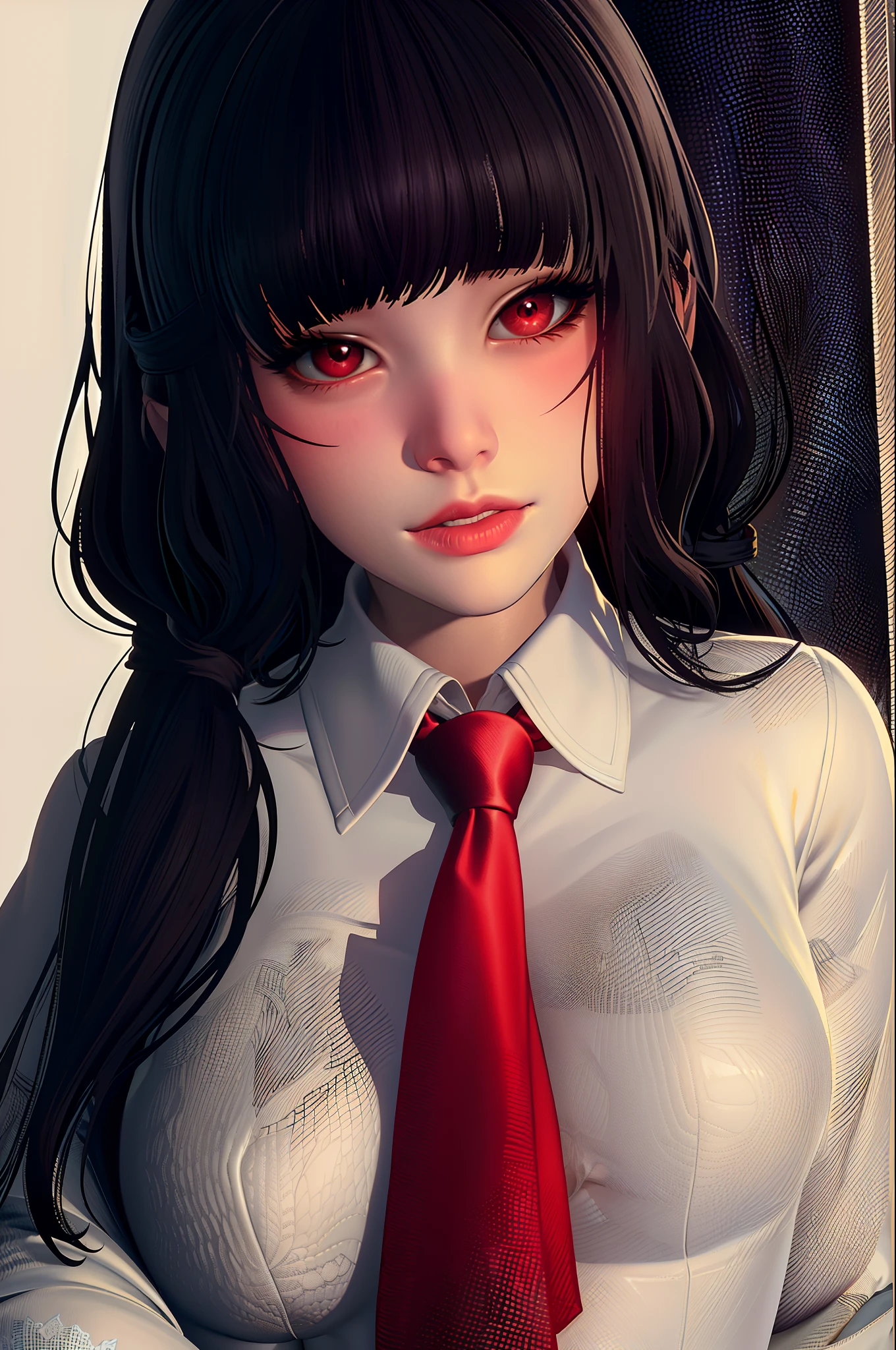 masterpiece, (ultra-detailed background, delicate pattern, intricate detailed), (high-detail, fine details), bestquality, beautiful light, 1girls, bara, moon, Black Hair, lips, Red Eyes, long-haired, blunt bangs, gag, Red lips, ((slim girl, Little girl)), gloves, (Grey jacket, Dark blue skirt, short skirt, White collared shirt), Red tie, Intricate detail background, inside, School Environment, class room, blackboard, ((close up shot, portrait)), (((nsfw))),