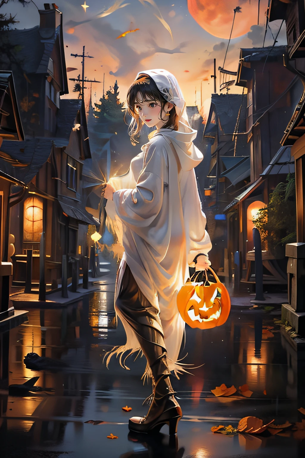 Masterpiece,Best quality,Ultra-detailed,Photorealistic,Realistic,Photography,1girll,Ghost costumes,pumpkins,forest,Night,Moon,