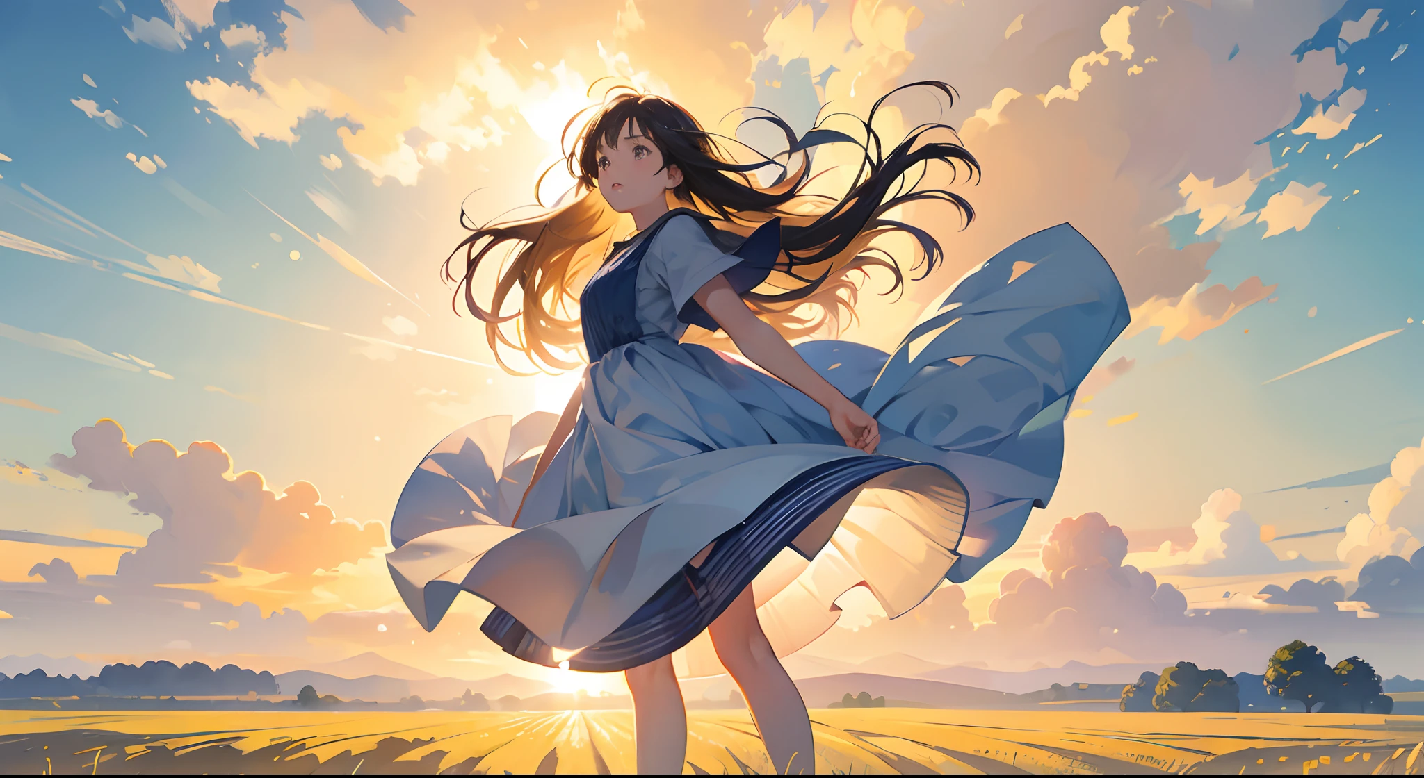 Fresh painting style，Full Body Angle:1.5,In the wheat field，girl with，Keep hands away from sunlight，Bright sky，Looking Up，Anime characters，ultra - detailed，Highly realistic，tmasterpiece，8K，hyper HD，