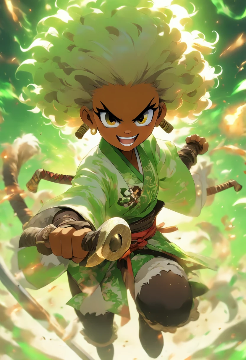 anime girl, green glossy eyes, wearing brown tall pirate boots and a white and black kimono uniform, white big afro, female, smiling, mixed skin color, curled goat horns, goat ears, goat tail, holding a katana in her hands in a fighting stance