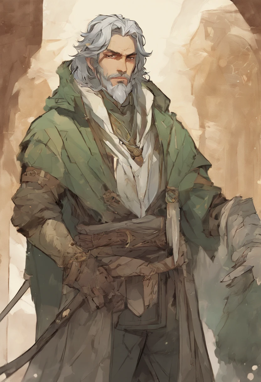 A nomadic man with sage green hair and white highlights, an olive undertone, and soft freckles on his face and shoulders. He is slightly muscular with burnt amber eyes that shine in the light. He is dressed in medieval-style travel attire and wears a cozy, fluffy coat.