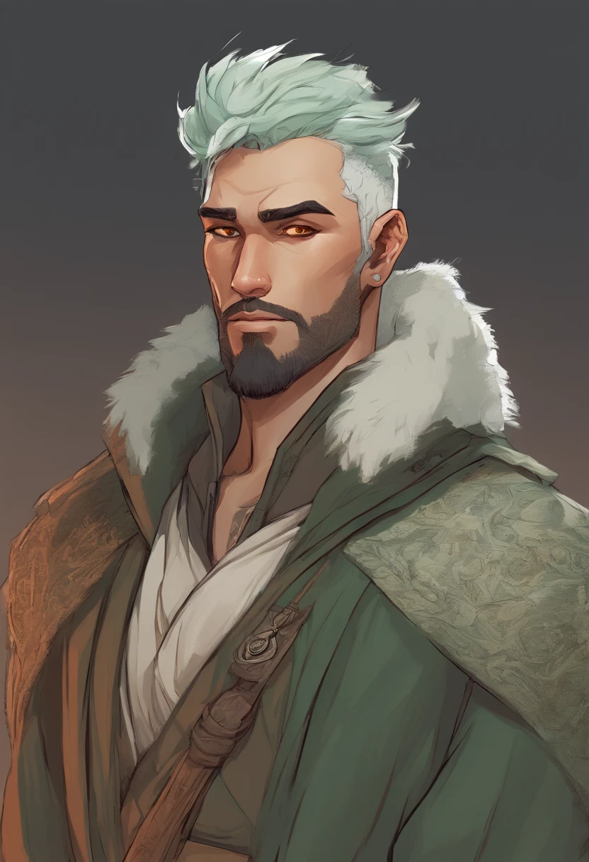 A nomadic man with sage green hair and white highlights, an olive undertone, and soft freckles on his face and shoulders. He is slightly muscular with burnt amber eyes that shine in the light. He is dressed in medieval-style travel attire and wears a cozy, fluffy coat.