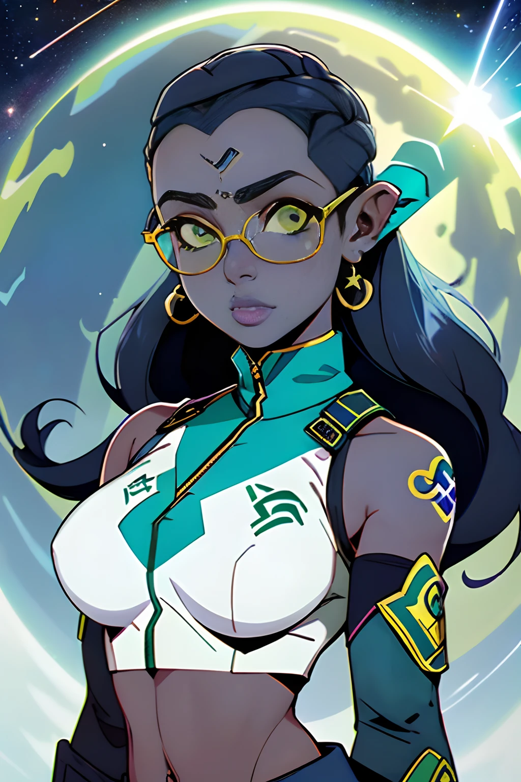 (Tristeague de lendas:1.1) ((1 girl Sci-fi, cor da pele: azul, cabelos curtos, cor do cabelo: branco, coxas, Rosto corado, seios grandes, corpo inteiro)), nsfw, seios grandes, pele altamente detalhada, cor da pele azul claro, Ultra HD |, Bacground cockpit, outer space, cara bonito, Tristeague de lendas\), Liga das Lendas, goggles, glasses on head, Luvas, umbigo, sci-fi, Brincos, luvas sem dedos, luvas de cotovelo, calcinha verde, crop top arm sleeves, (((pele azul:1.2)))