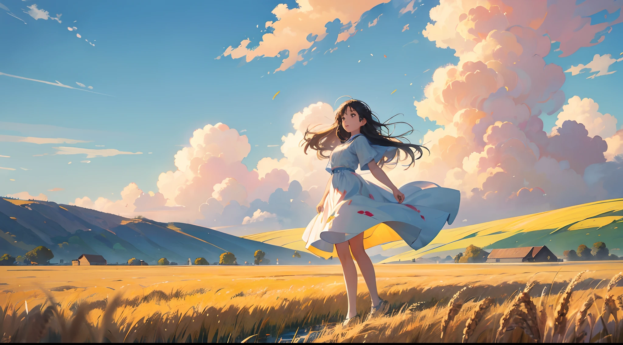 Fresh painting style,Full Body Angle:1.5,In the wheat field,girl with,Keep hands away from sunlight,Bright sky,Looking Up,Anime characters,ultra - detailed,Highly realistic,tmasterpiece,8K,hyper HD,