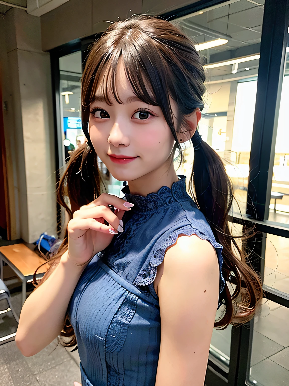 (8K, Raw photo:1.2)Detailed face and eyes,Best Quality, 超A high resolution, Highly detailed ,intricate detailes ,masutepiece ,Cute Girl , Soft cinematic light, Hyper-detailing,foco nítido, High quality,student clothes,  dripping from,Light blue lace dress、twintails hair style,