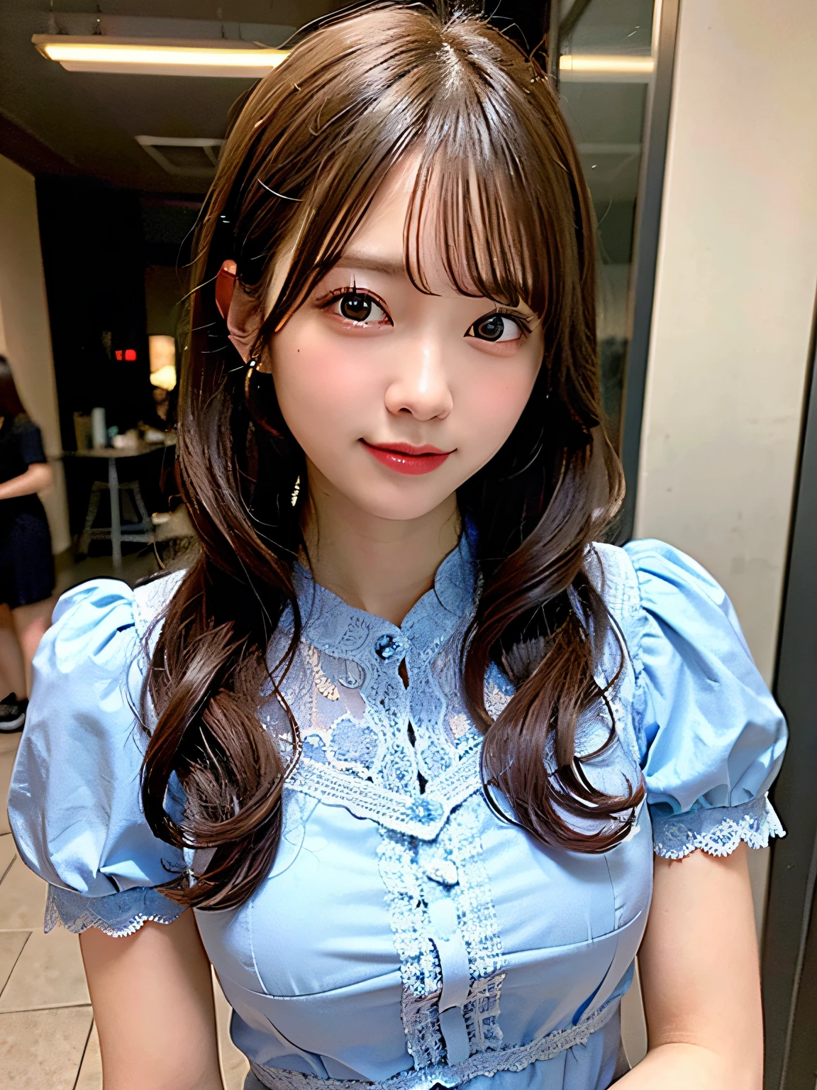 (8K, Raw photo:1.2)Detailed face and eyes,Best Quality, 超A high resolution, Highly detailed ,intricate detailes ,masutepiece ,Cute Girl , Soft cinematic light, Hyper-detailing,foco nítido, High quality,student clothes,  dripping from,Light blue lace dress、twintails hair style,