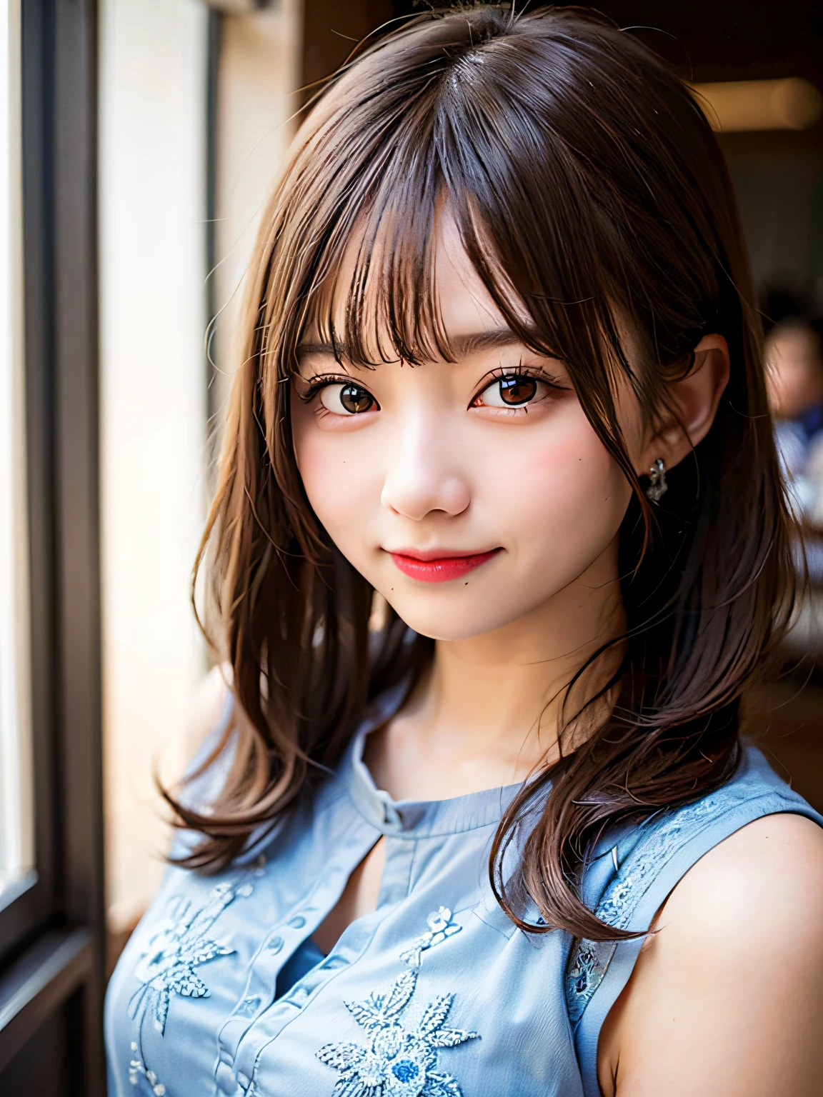 (8K, Raw photo:1.2)Detailed face and eyes,Best Quality, 超A high resolution, Highly detailed ,intricate detailes ,masutepiece ,Cute Girl , Soft cinematic light, Hyper-detailing,foco nítido, High quality,student clothes,  dripping from,Light blue lace dress、twintails hair style,